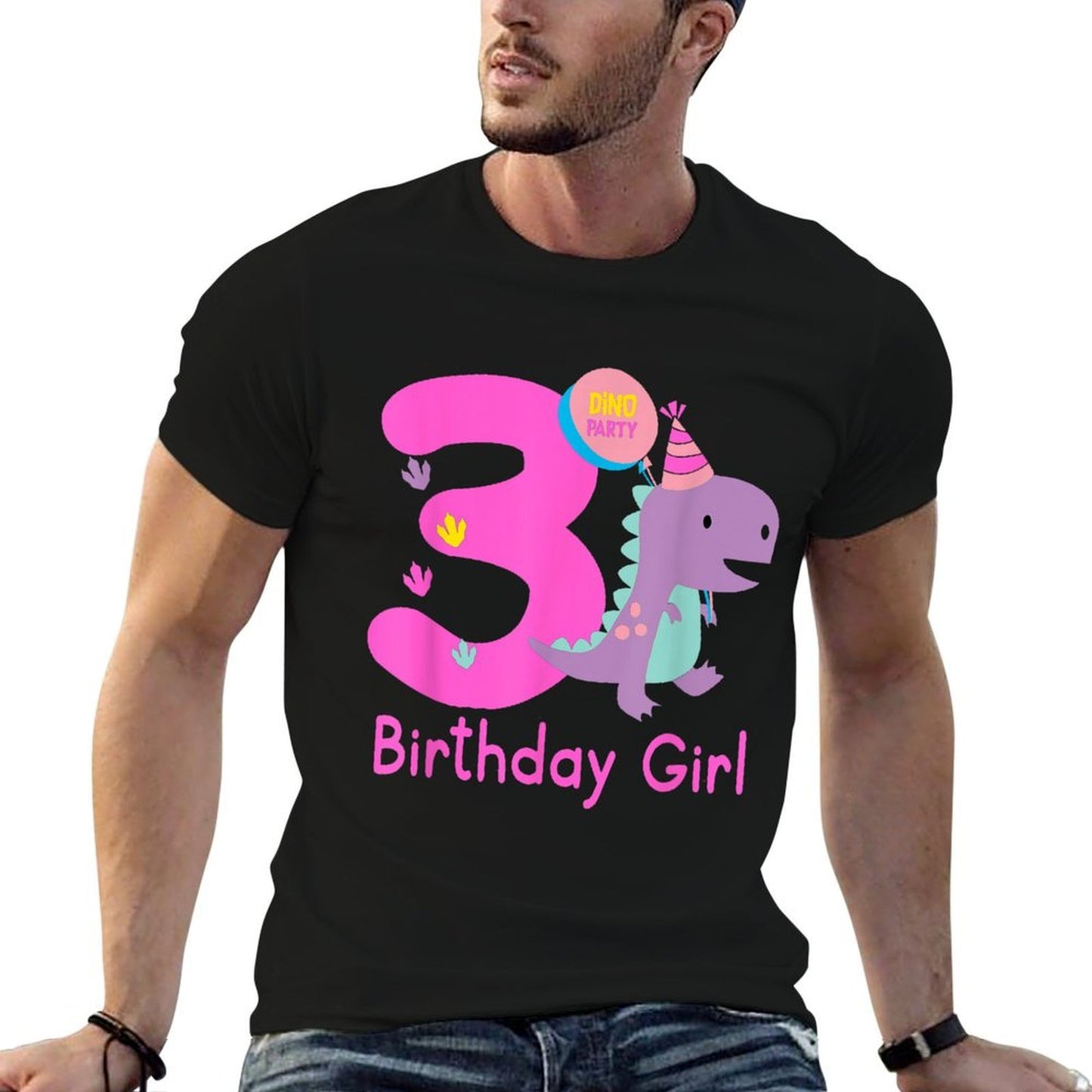 3rd Birthday Dinosaur Girl T-Rex Matching Family Party Three Oversized Silhouette T-Shirt