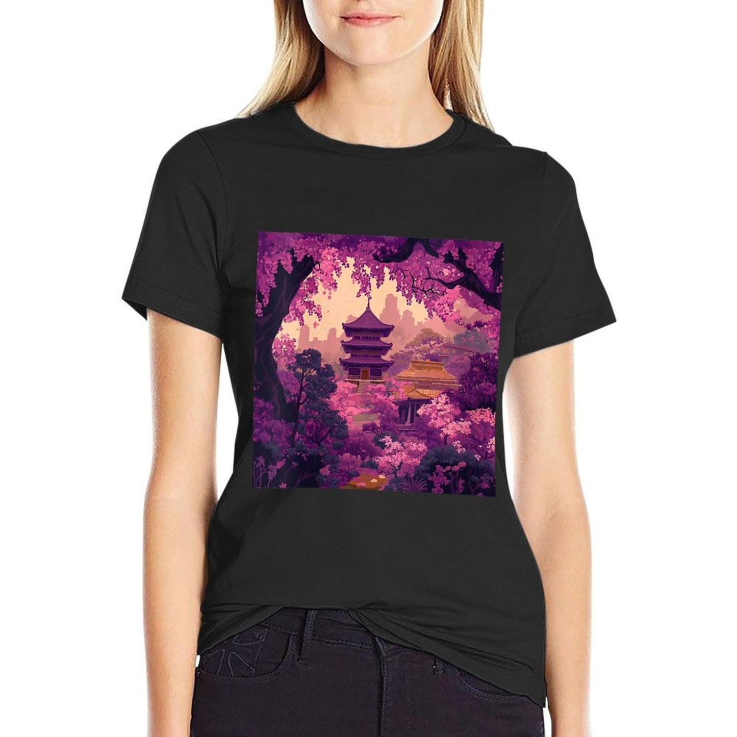 Womens Sakura Blossoms And City Skyline at Twilight Oversized Silhouette T-Shirt