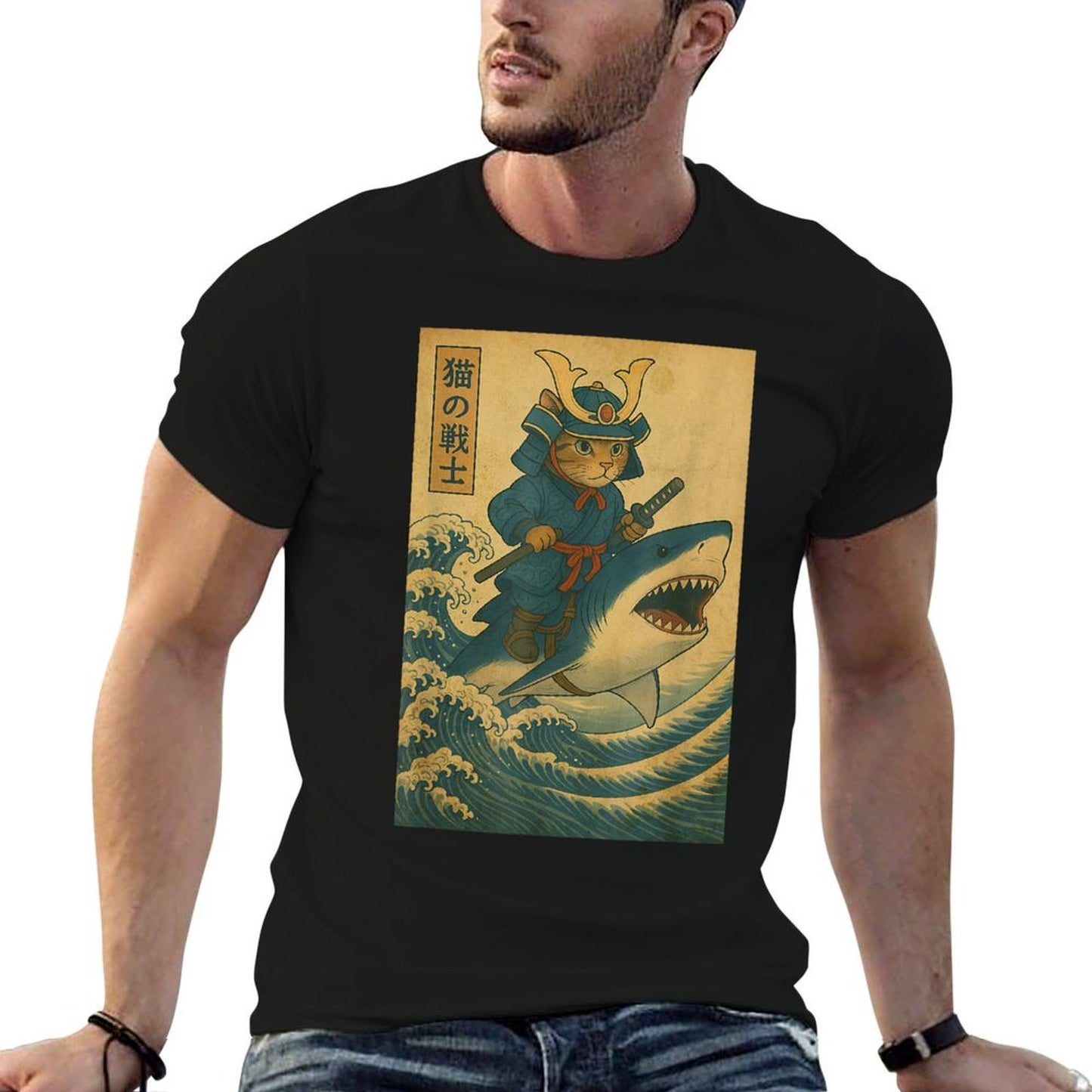 Vintage Anime Cat Japanese Funny Samurai Cat Riding Shark Durable T-Shirt