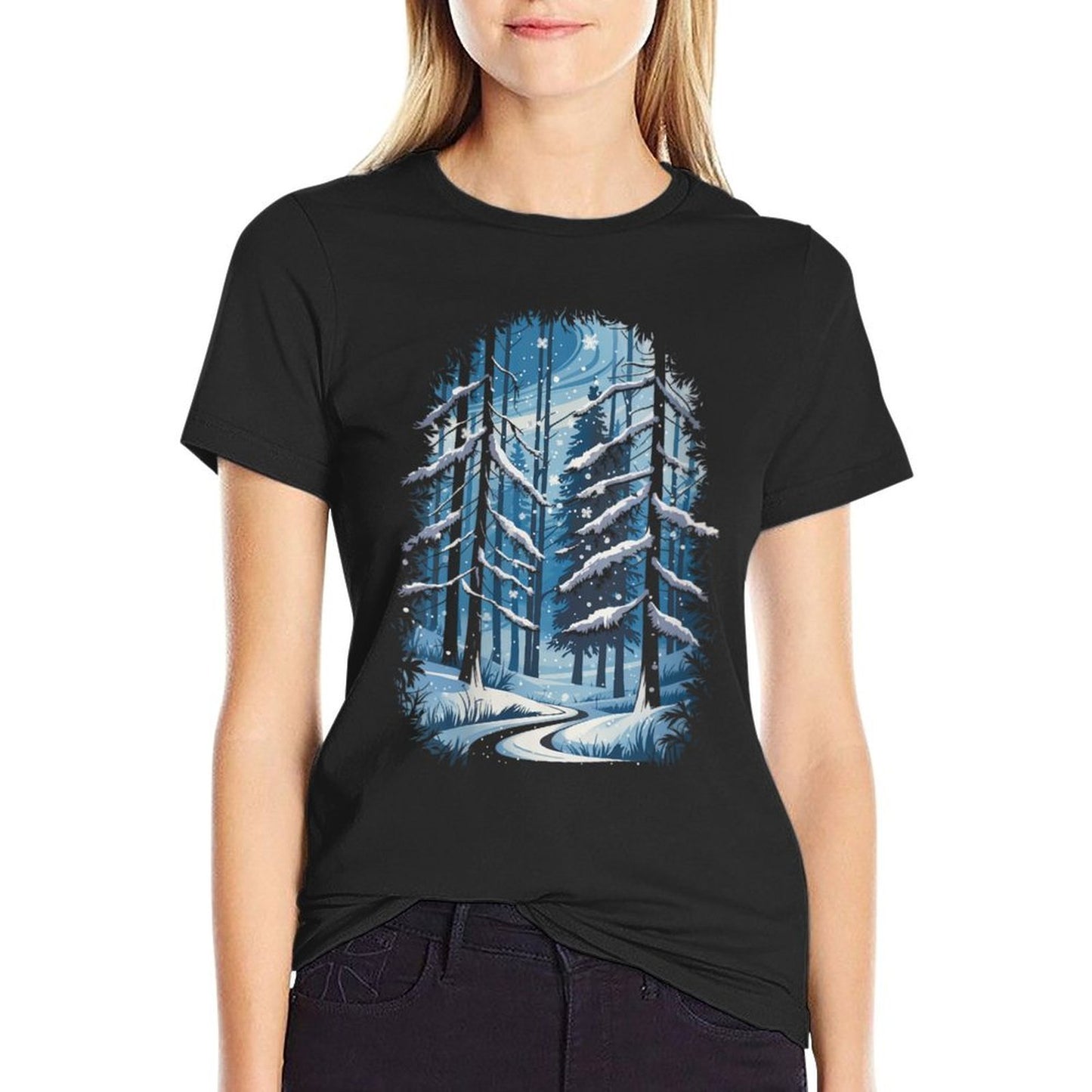 Womens Winter Twilight Forest Snow Nature Wilderness Cotton T-Shirt