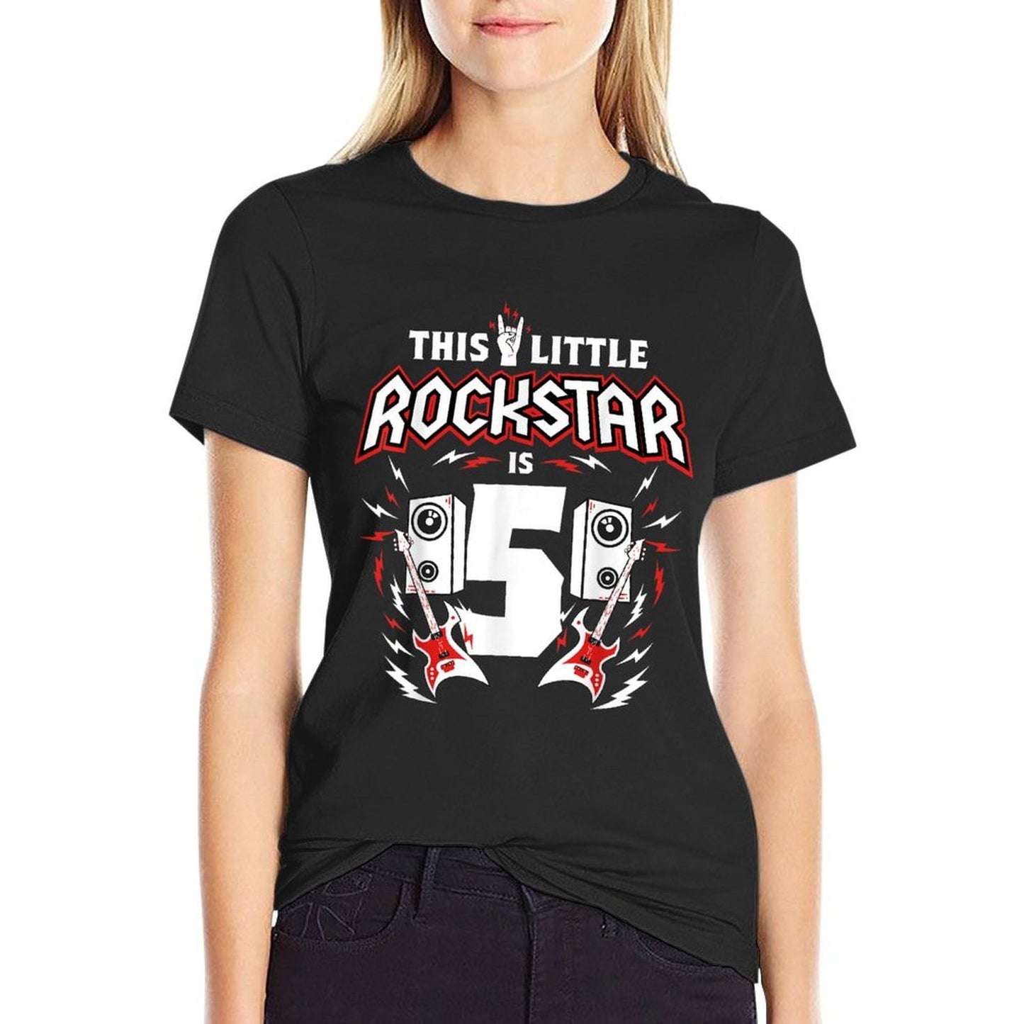 5th Birthday Rock And Roll Star Guitar 5 Year Old B-Day Rolled Sleeves T-Shirt