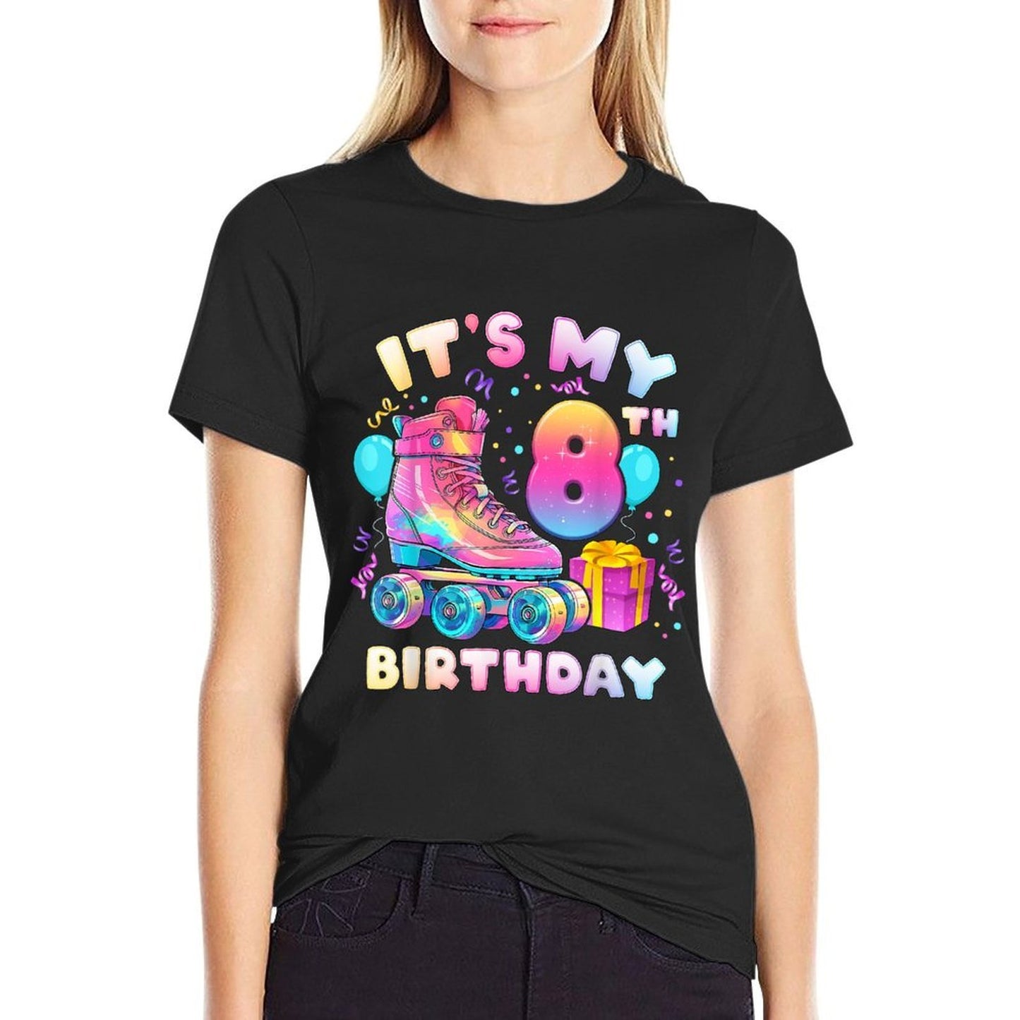8th Birthday Girl 8 Years, Roller Skates, Number 8 Rolled Sleeves T-Shirt