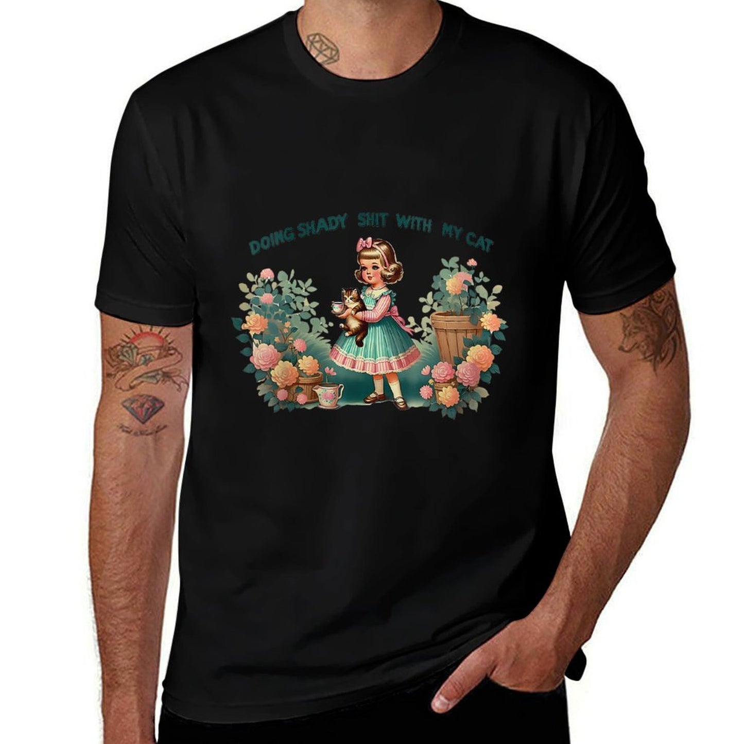 Womens Doing Shady Shit With My Cat Vintage Little Girl Cat Flowers Quick-drying T-Shirt