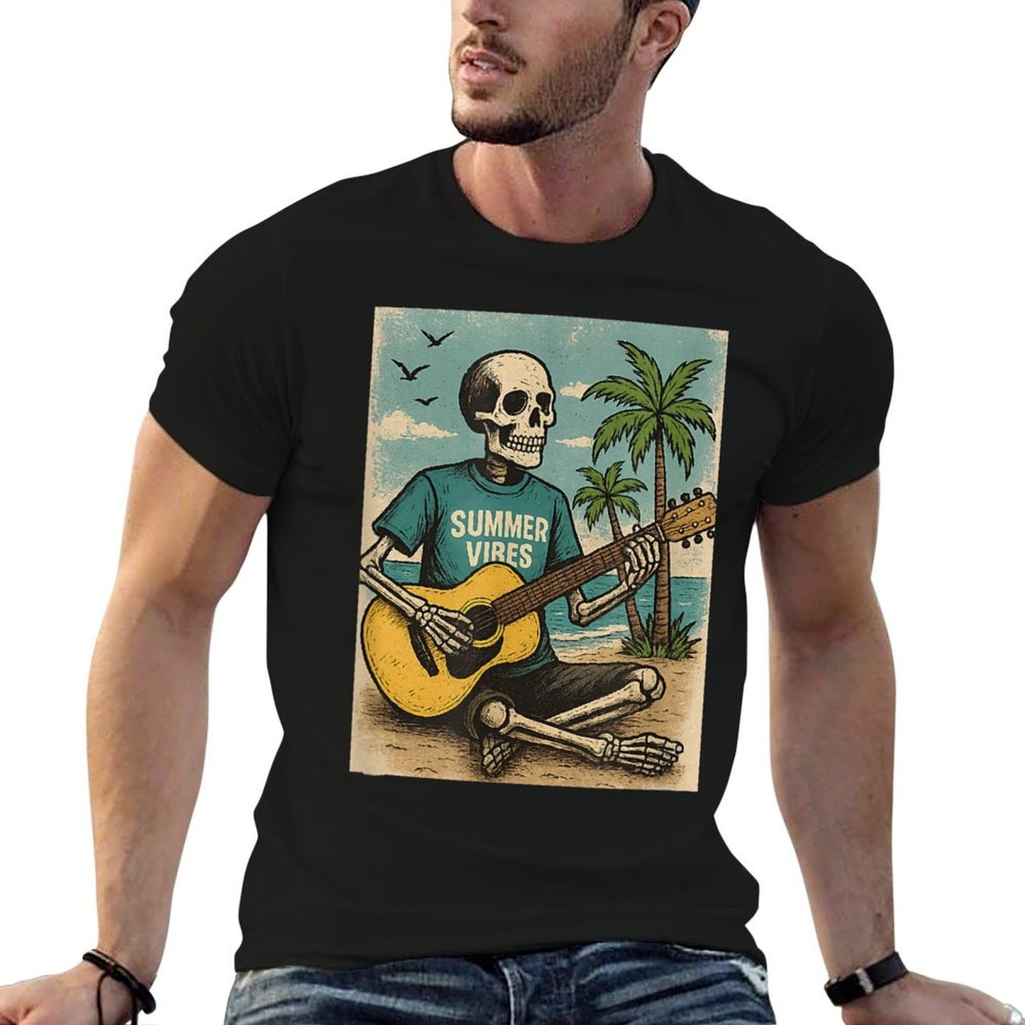 Vintage Skeleton Summer Vibes Funny Beach Guitar High-quality Stitching T-Shirt