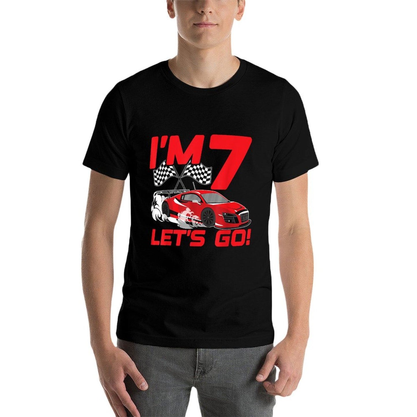 7 Year Old 7th Racing Racecar Birthday Party Boys Girls Ribbed Collar T-Shirt