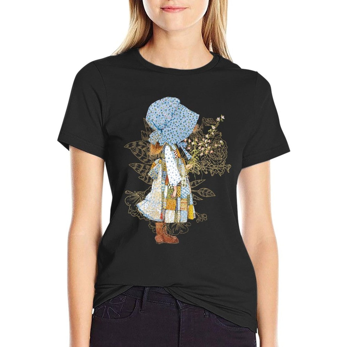 Womens Holly Hobbie Classic Hat And Flowers Fade-proof Color T-Shirt