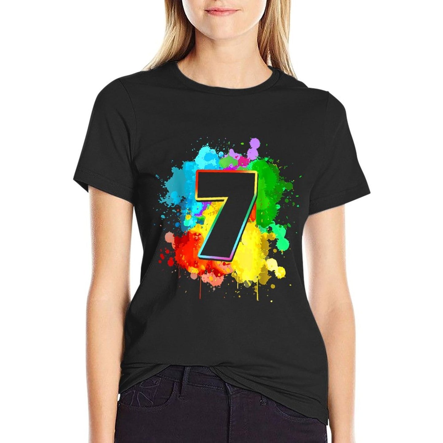 7th Birthday Colorful Paint Splashes 7 Year Old Tie Dye Bday Trendy Pattern T-Shirt