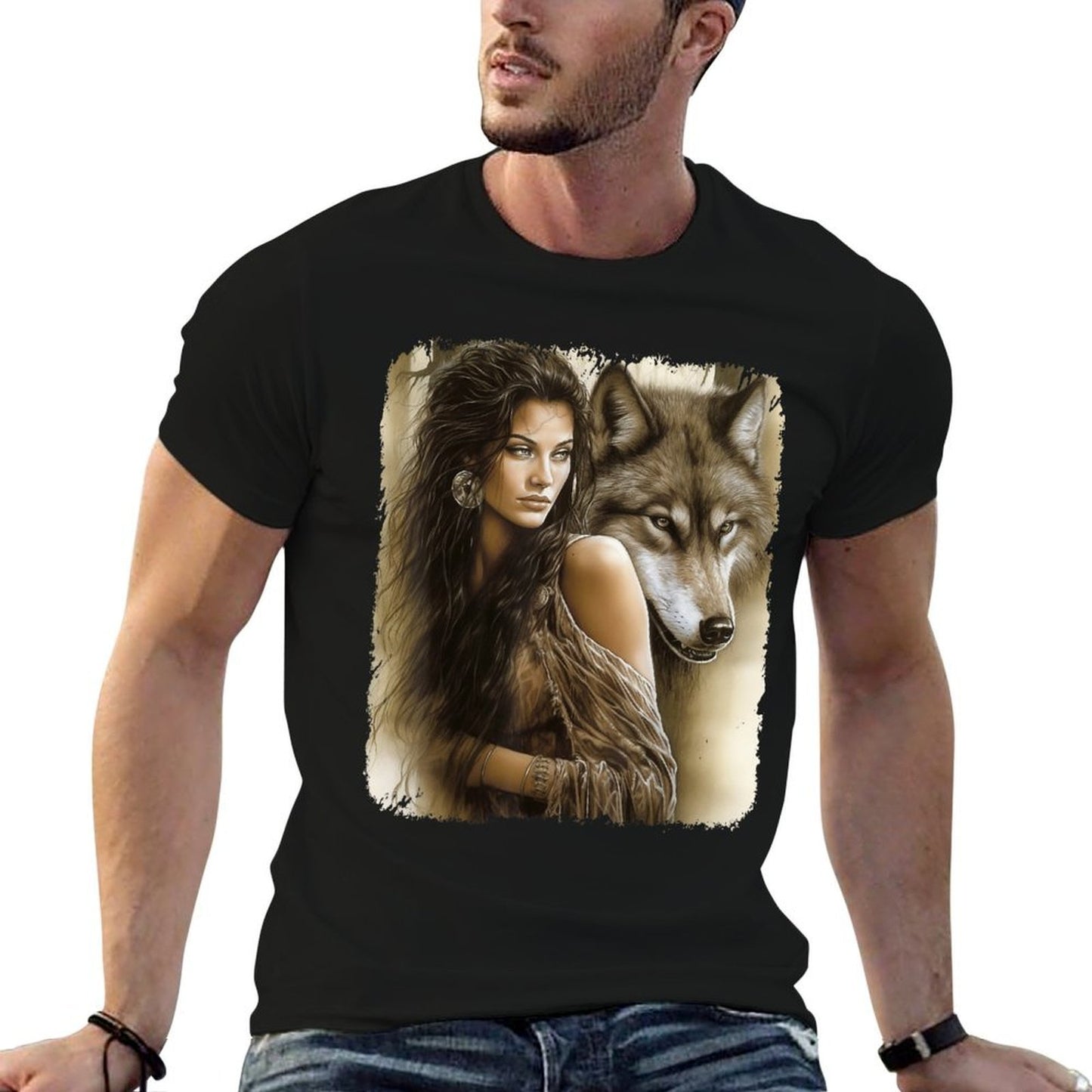 Woman And Gray Wolf Fantasy Art Painting Oversized Silhouette T-Shirt