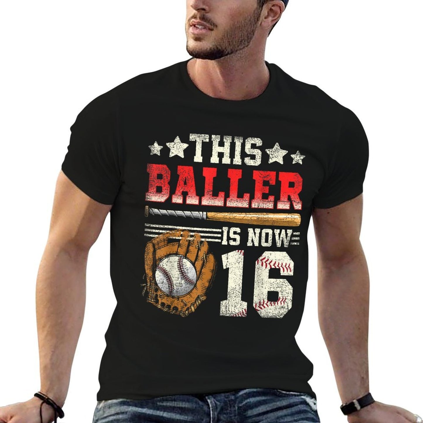 16th Birthday Boys Baseball 16 Year Old Birthday Ribbed Collar T-Shirt
