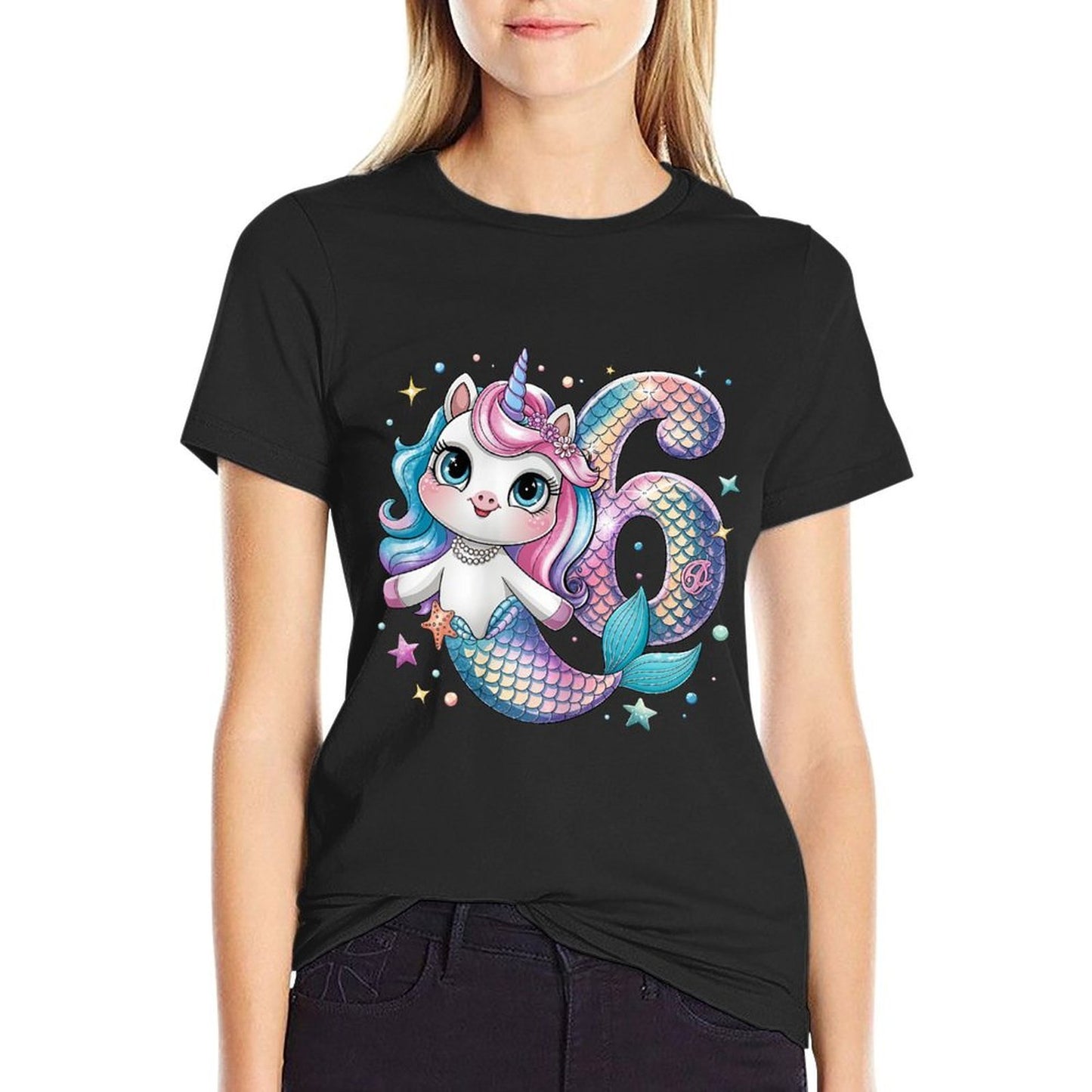 Unicorn Mermaid 6th Birthday 6 Year Old Party Girls Outfit Rolled Sleeves T-Shirt