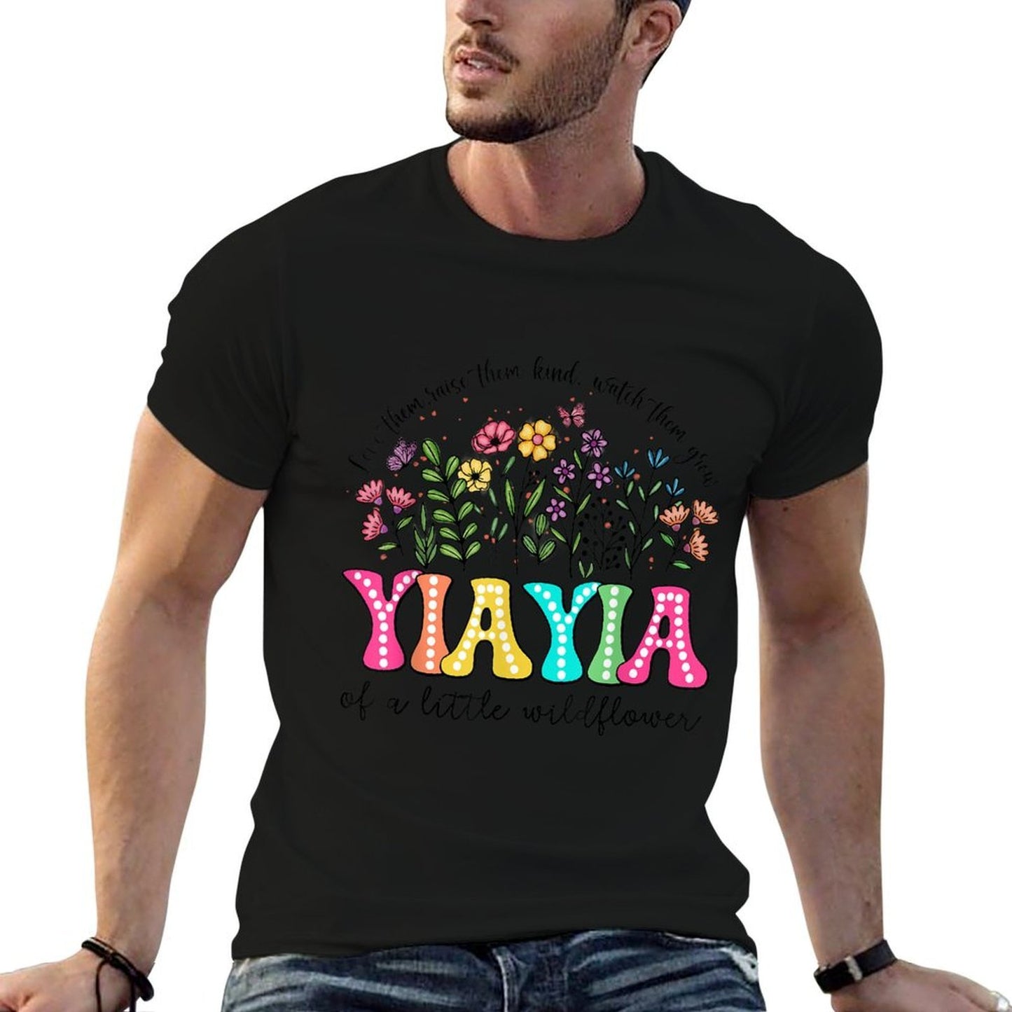 YiaYia Of The Little Wildflower Birthday Kids Groovy Ribbed Collar T-Shirt