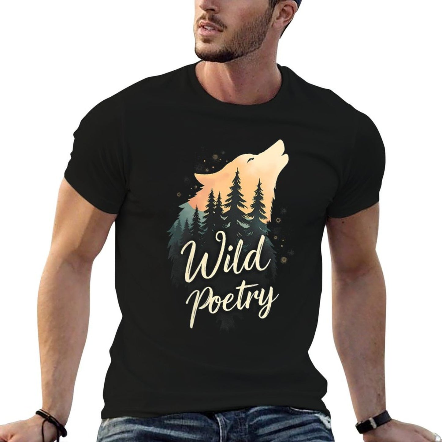 Womens Wild Poetry Wolf - Forest Wolf Graphic for Nature Lovers Graphic-printed T-Shirt