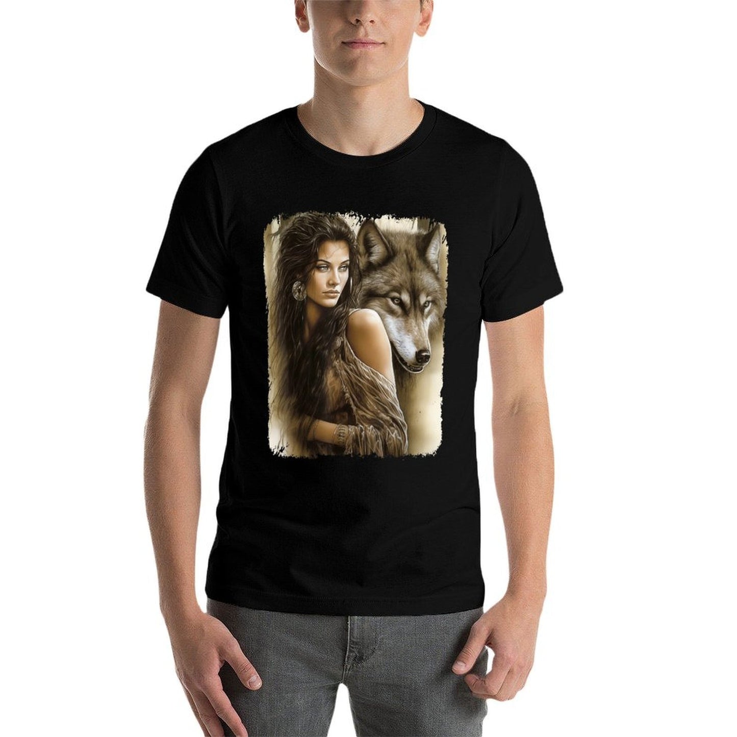 Woman And Gray Wolf Fantasy Art Painting Oversized Silhouette T-Shirt