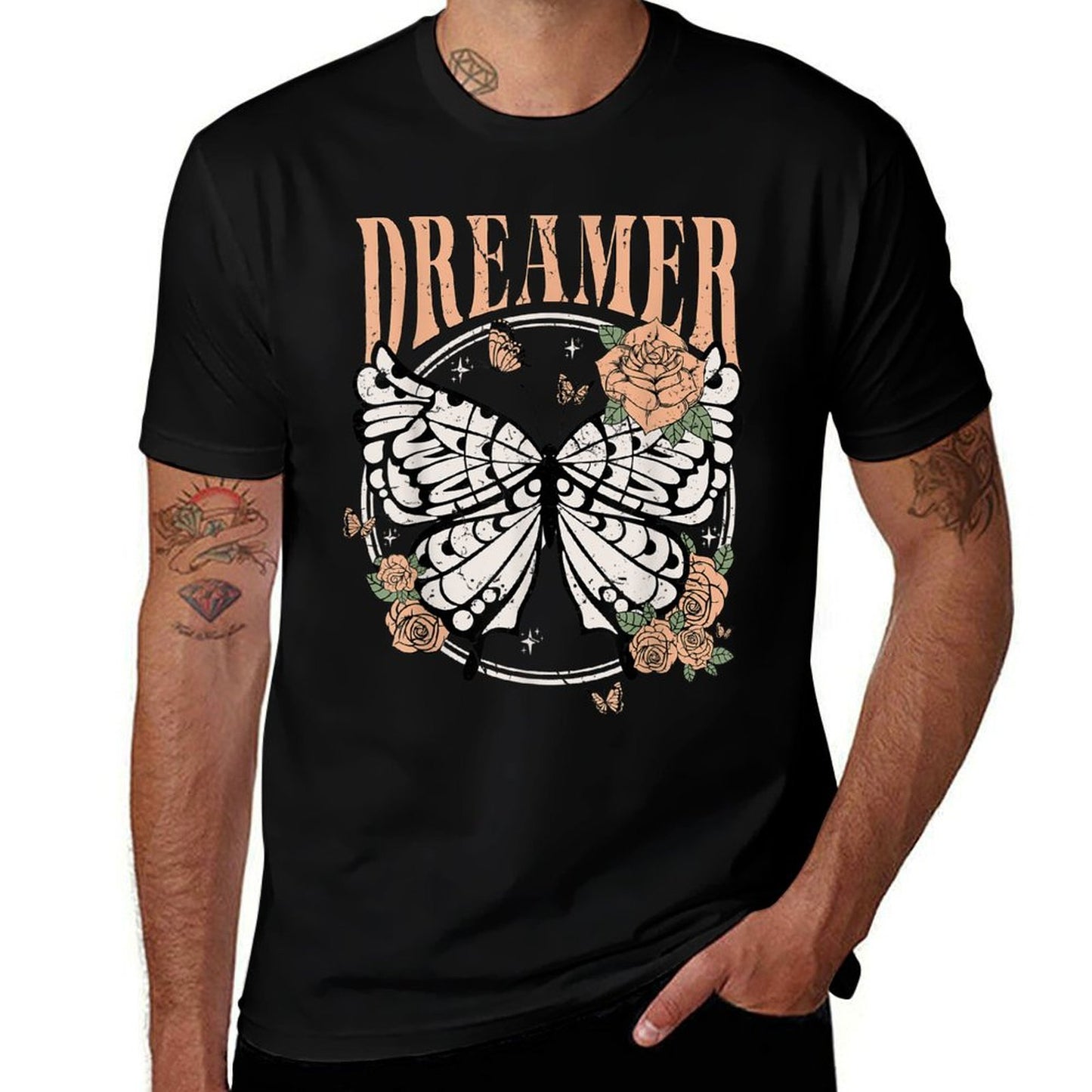Vintage Retro Dreamer Butterfly 80's 90's Style Lover Gift Rolled Sleeves T-Shirt