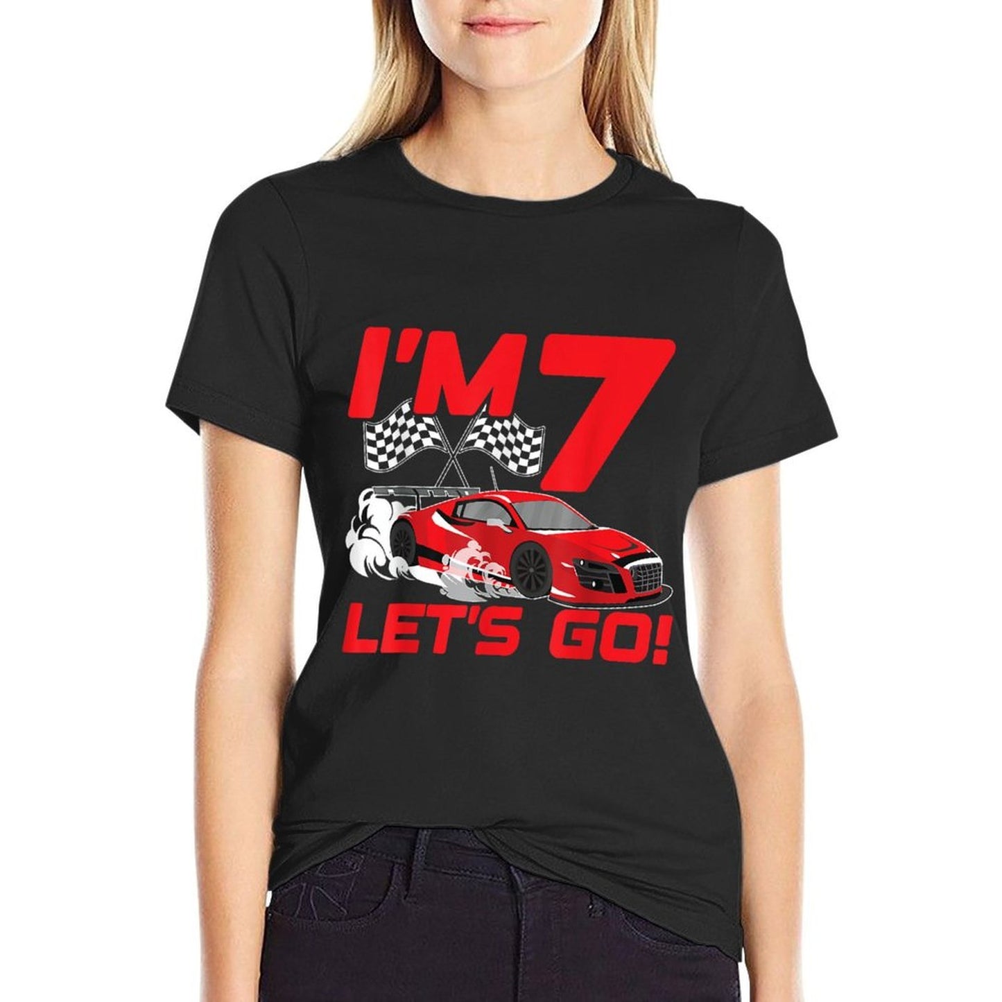 7 Year Old 7th Racing Racecar Birthday Party Boys Girls Ribbed Collar T-Shirt