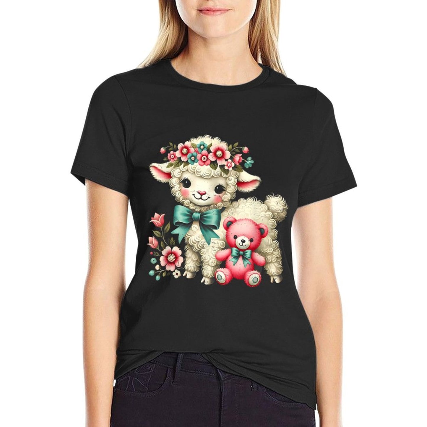 Vintage Easter Cute Lamb Bear Spring Flowers Retro Lightweight T-Shirt