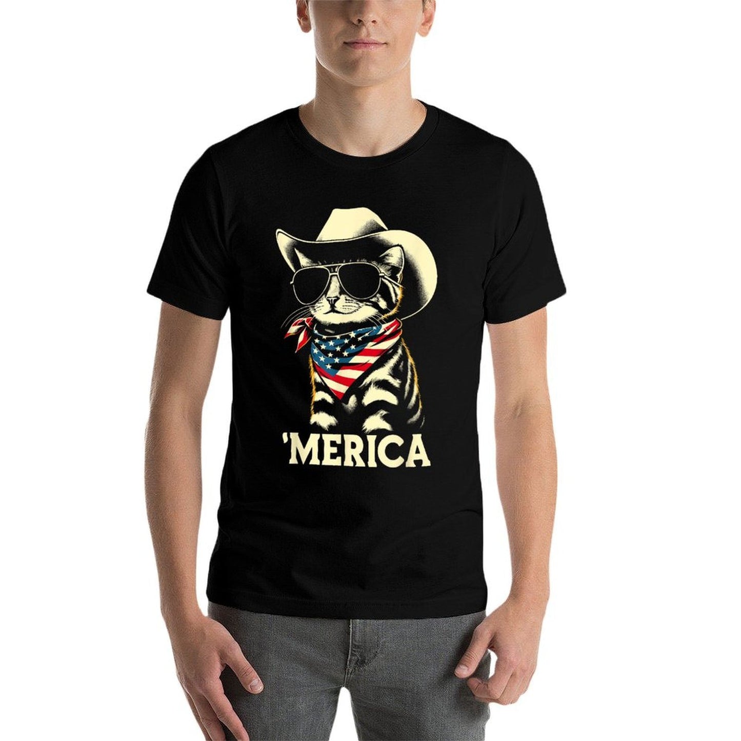 USA 'Merica Cat 4th of July Men Women Kids Funny Patriotic Lightweight T-Shirt