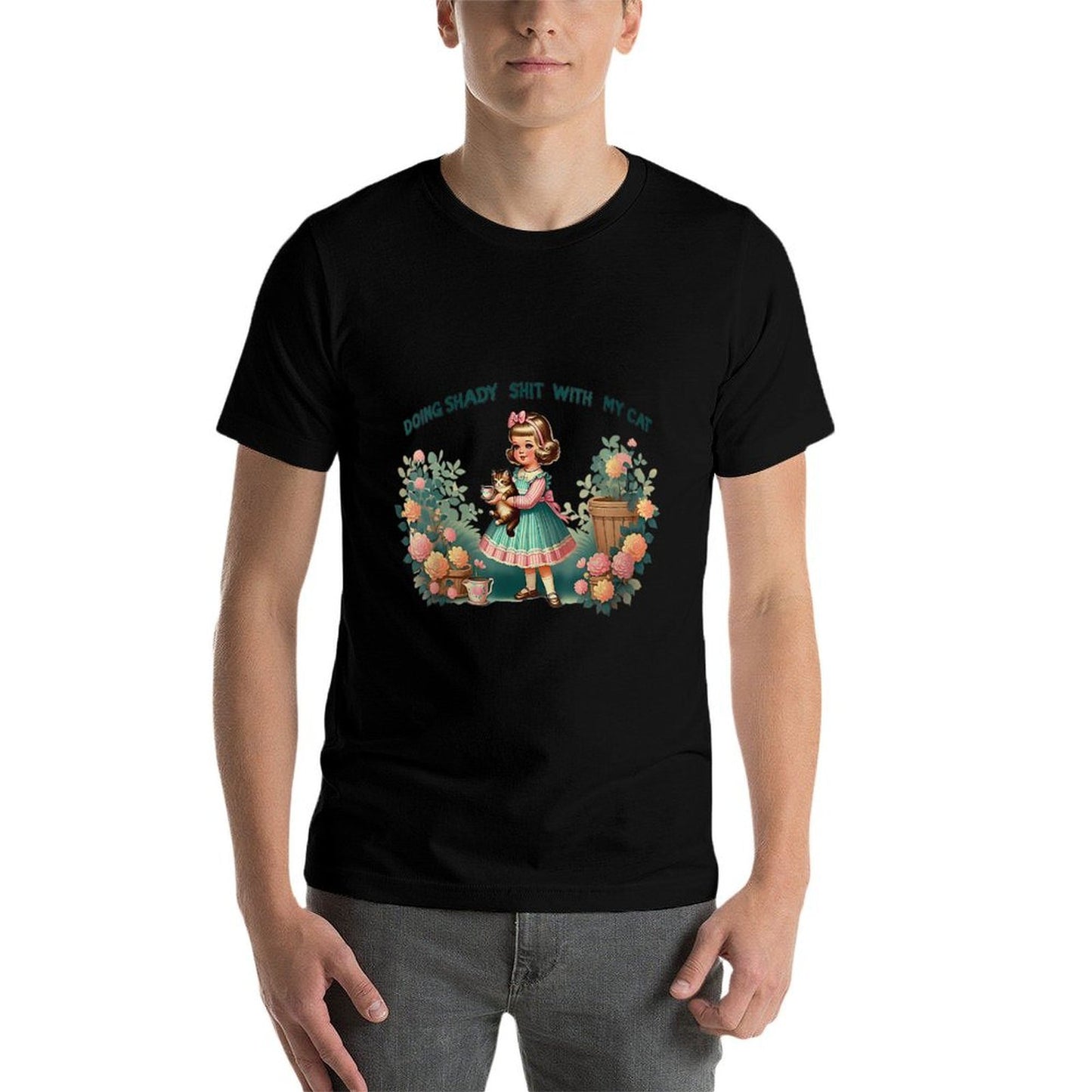 Womens Doing Shady Shit With My Cat Vintage Little Girl Cat Flowers Quick-drying T-Shirt