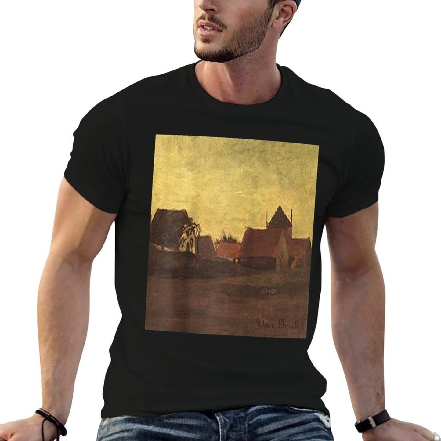 Van Gogh Farmhouses in Loosduinen Near The Hague at Twilight Raglan Baseball High-quality Stitching T-Shirt