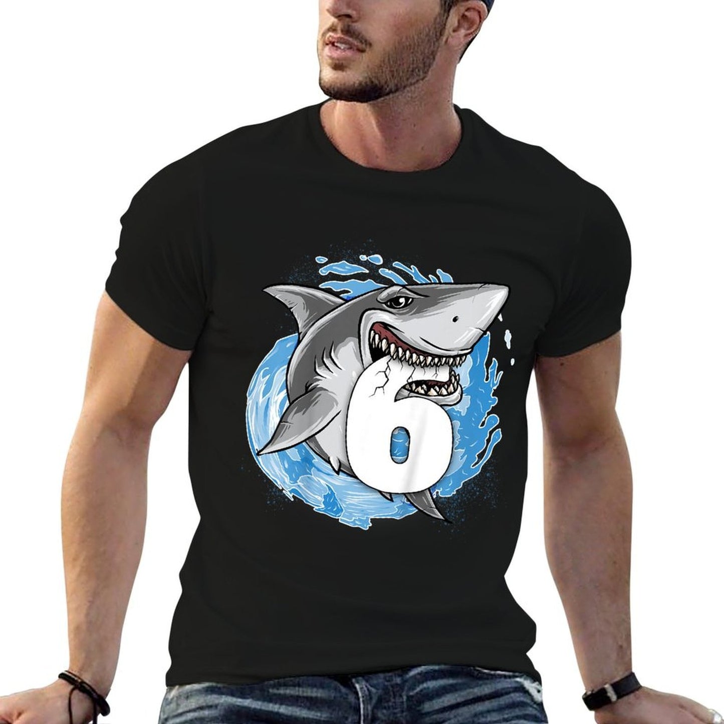 6th Birthday Boy Shark Kids 6 Year Old Shark Theme Party Oversized Silhouette T-Shirt