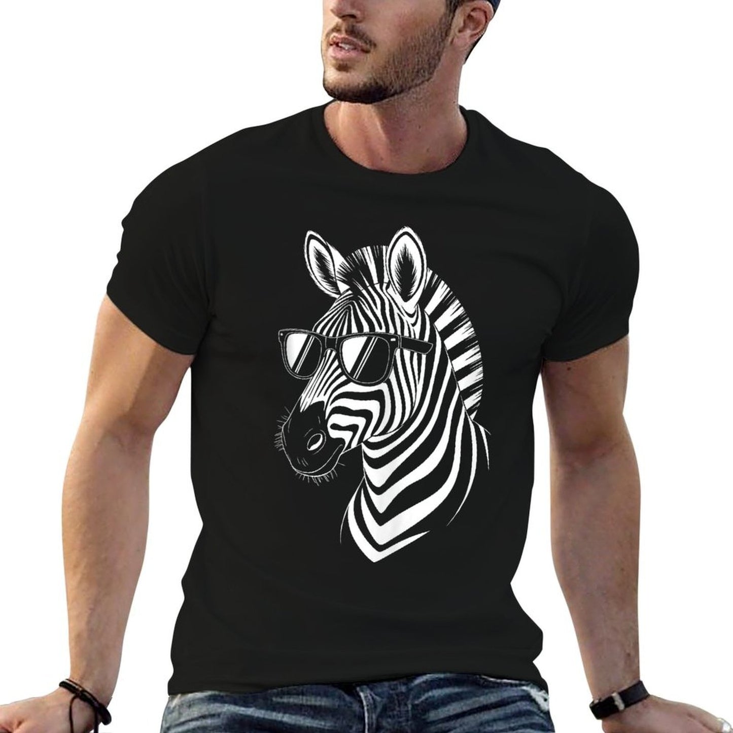 Zebra With Sunglasses Funny Zebra Ribbed Collar T-Shirt