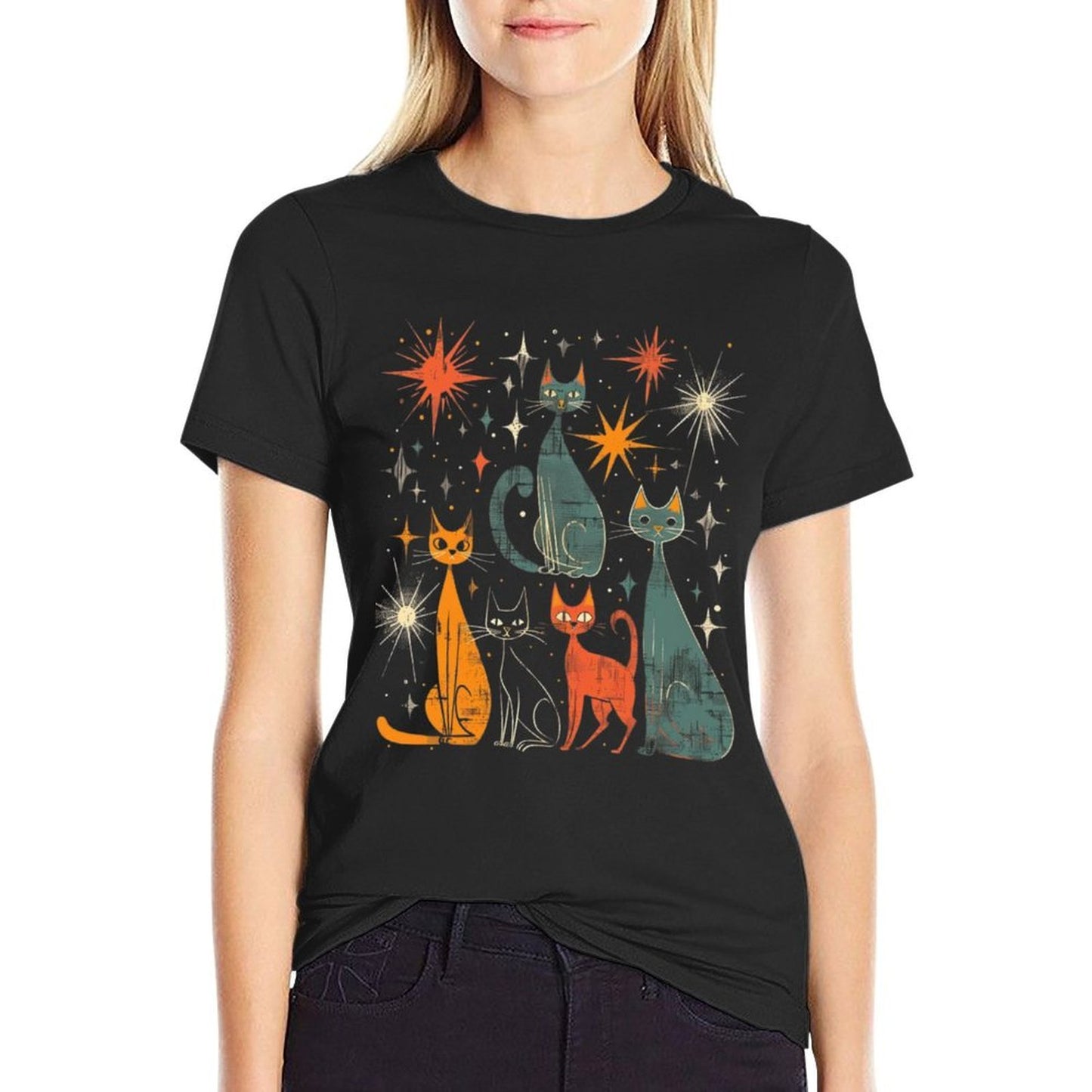 Vintage Retro Mid-Century Modern Look Cats 50s 60s Style Summer-ready Fabric T-Shirt