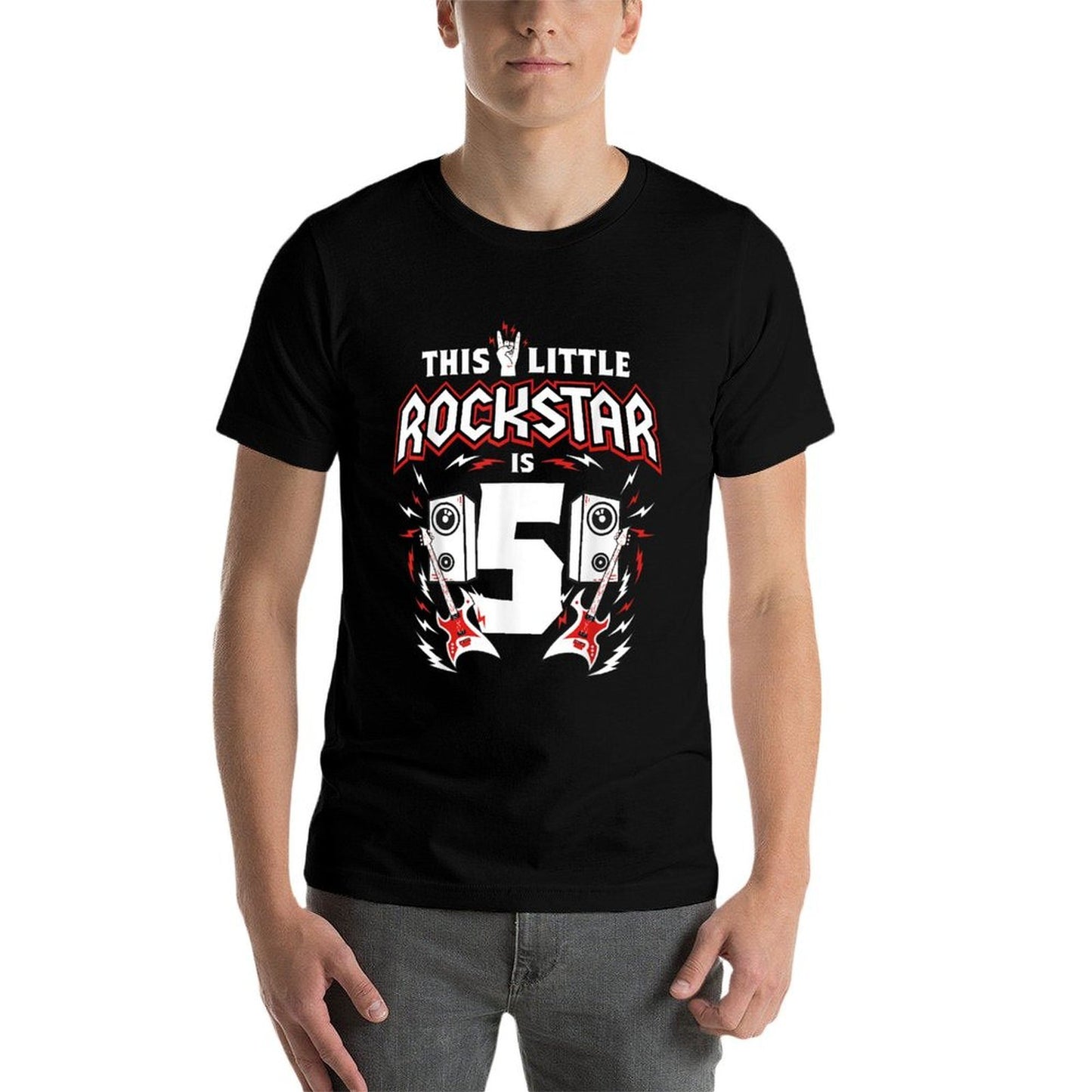 5th Birthday Rock And Roll Star Guitar 5 Year Old B-Day Rolled Sleeves T-Shirt