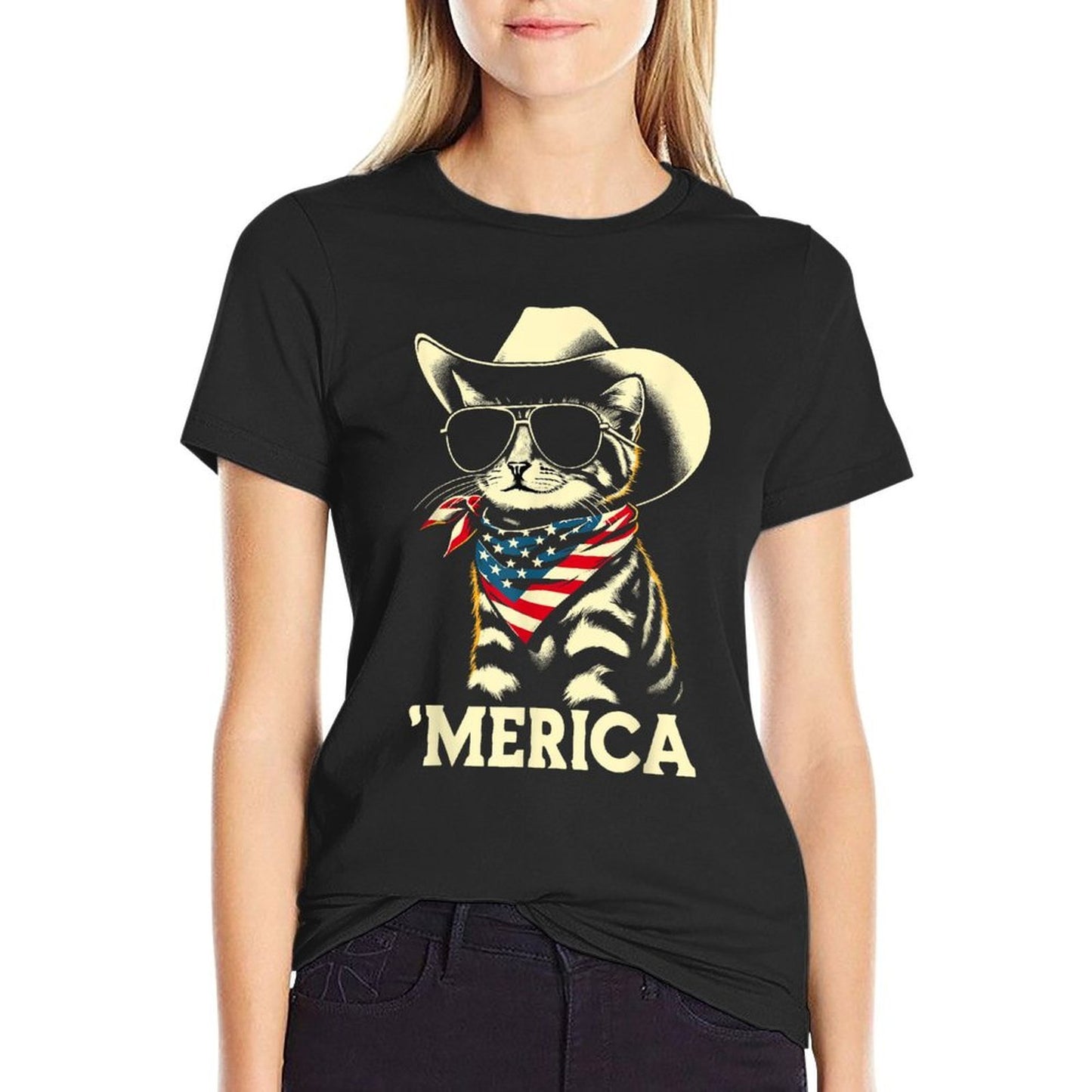 USA 'Merica Cat 4th of July Men Women Kids Funny Patriotic Lightweight T-Shirt