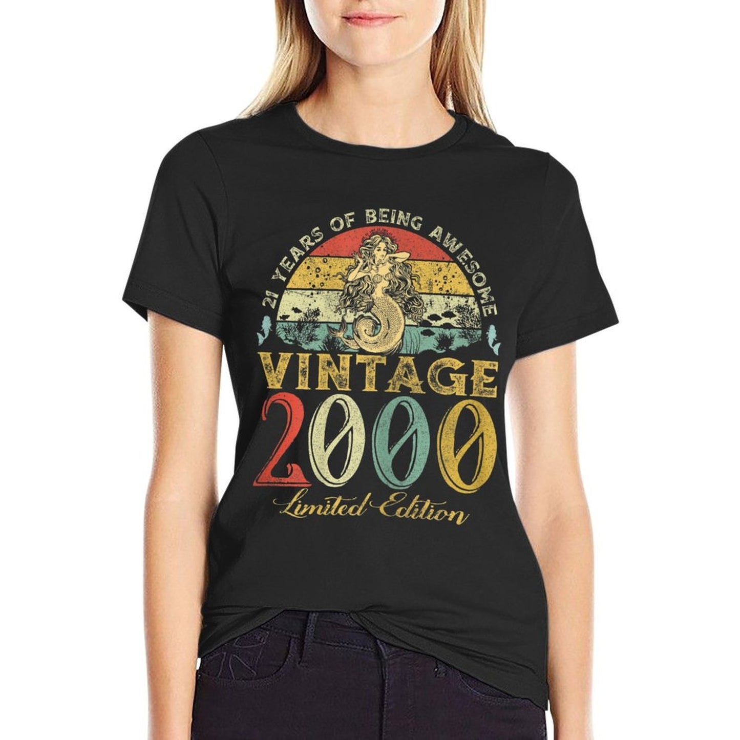 Womens Vintage 2000 Sunset Mermaid 21 Years Old 21st Birthday Gift Wrinkle-resistant T-Shirt