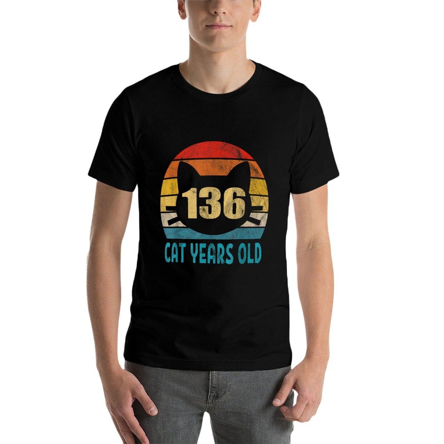 136 Cat Years Old Retro 30th Birthday Gift Cat Lovers Rolled Sleeves T-Shirt