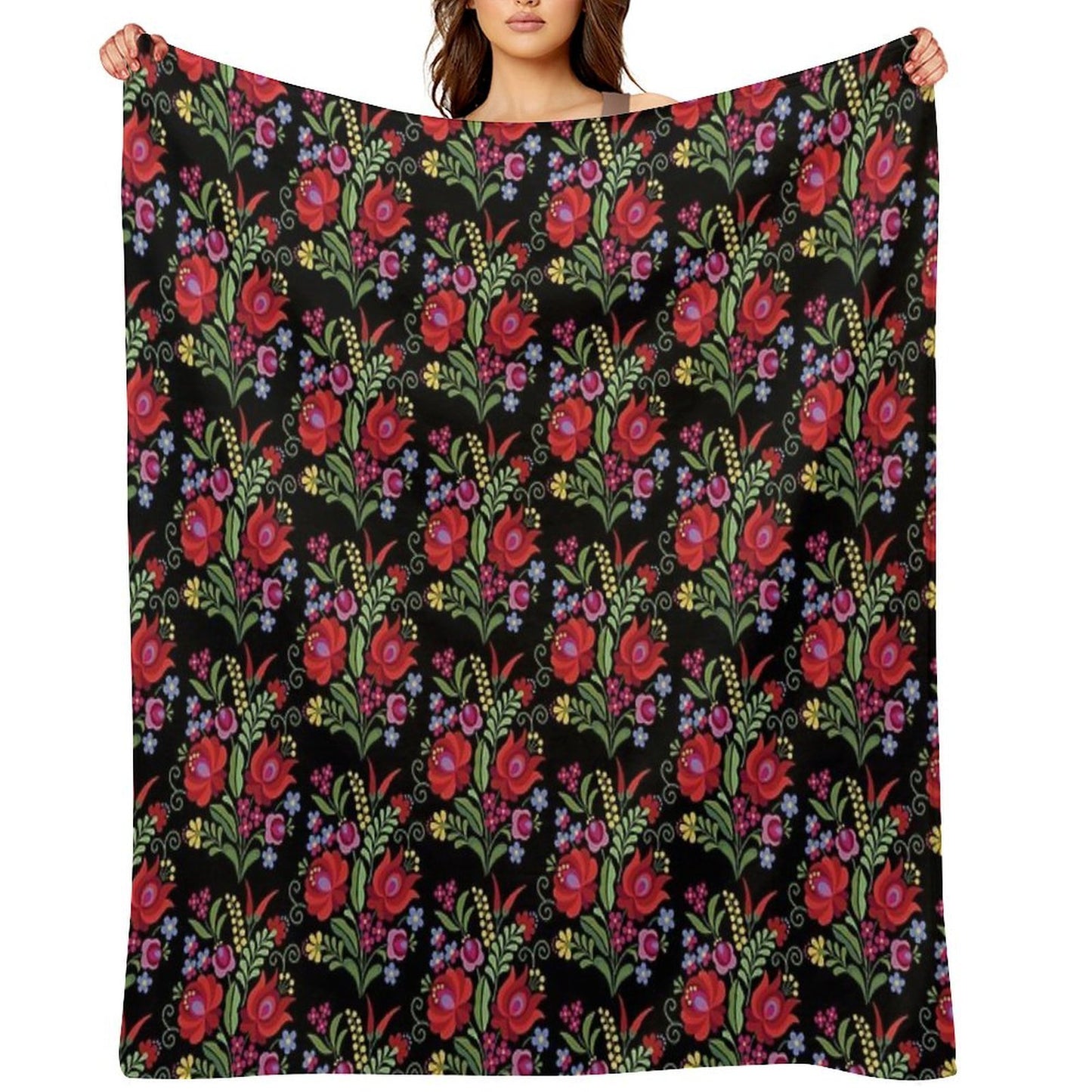 Hungarian Folk Design Red Peppers on Black Quick-dry Throw Blanket
