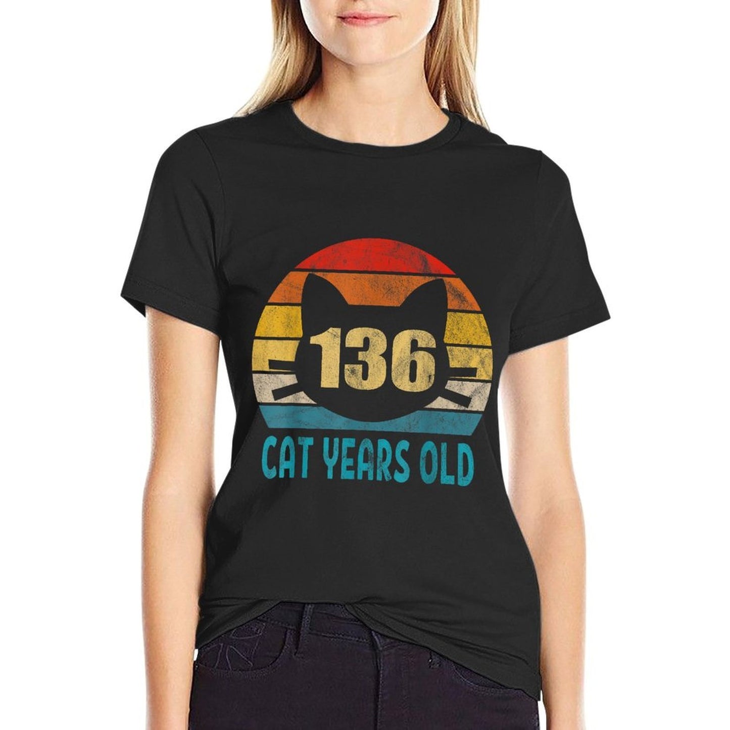 136 Cat Years Old Retro 30th Birthday Gift Cat Lovers Rolled Sleeves T-Shirt