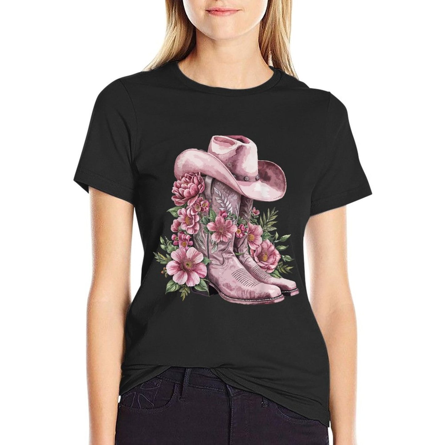 Watercolor Cowgirl Floral Boots Hat Western Boots Boho Women Relaxed-fit T-Shirt