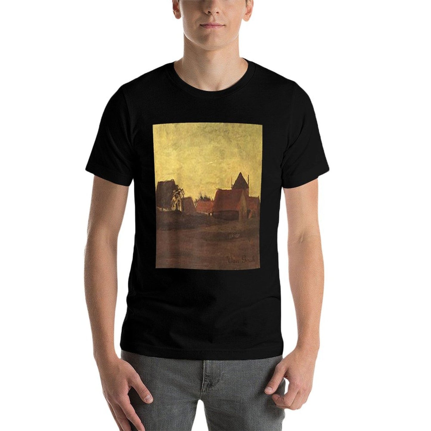 Van Gogh Farmhouses in Loosduinen Near The Hague at Twilight Raglan Baseball High-quality Stitching T-Shirt
