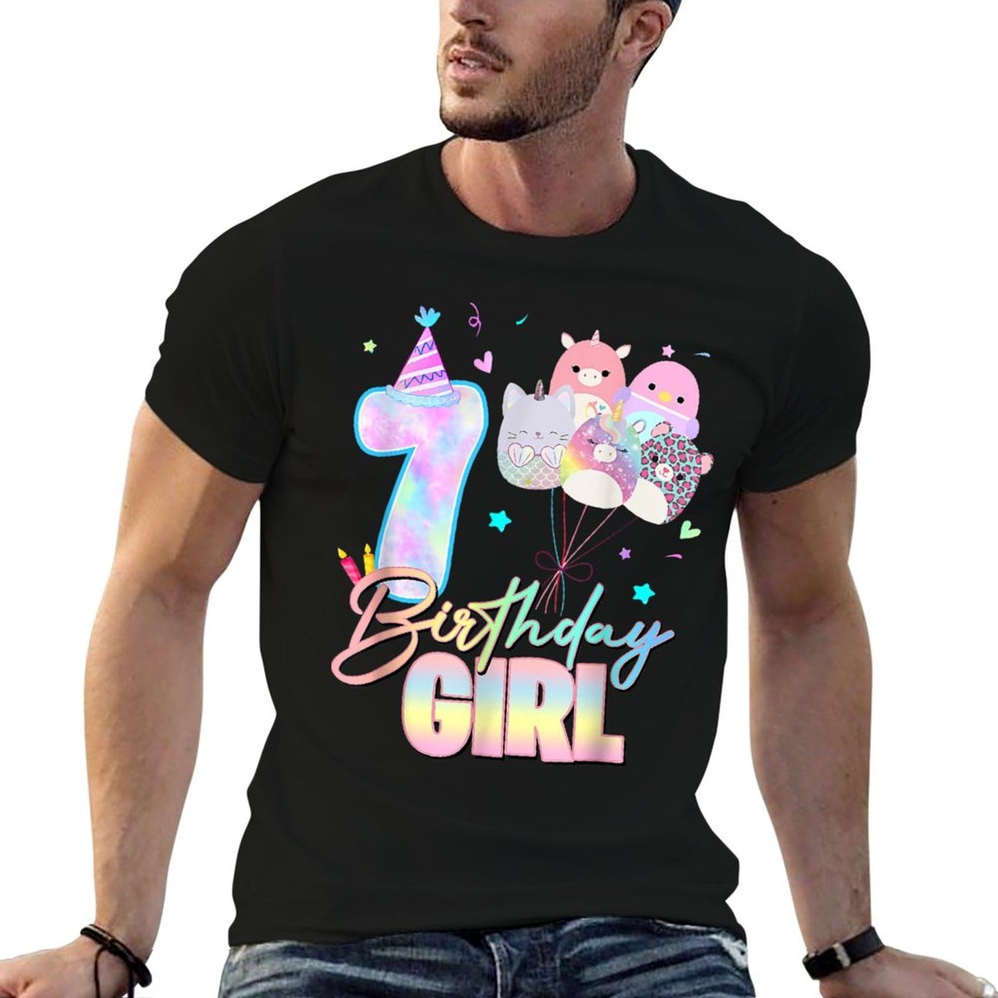 7th Birthday Squish Squad Mallow Girls Kids 7 Year Old Bday Trendy Pattern T-Shirt