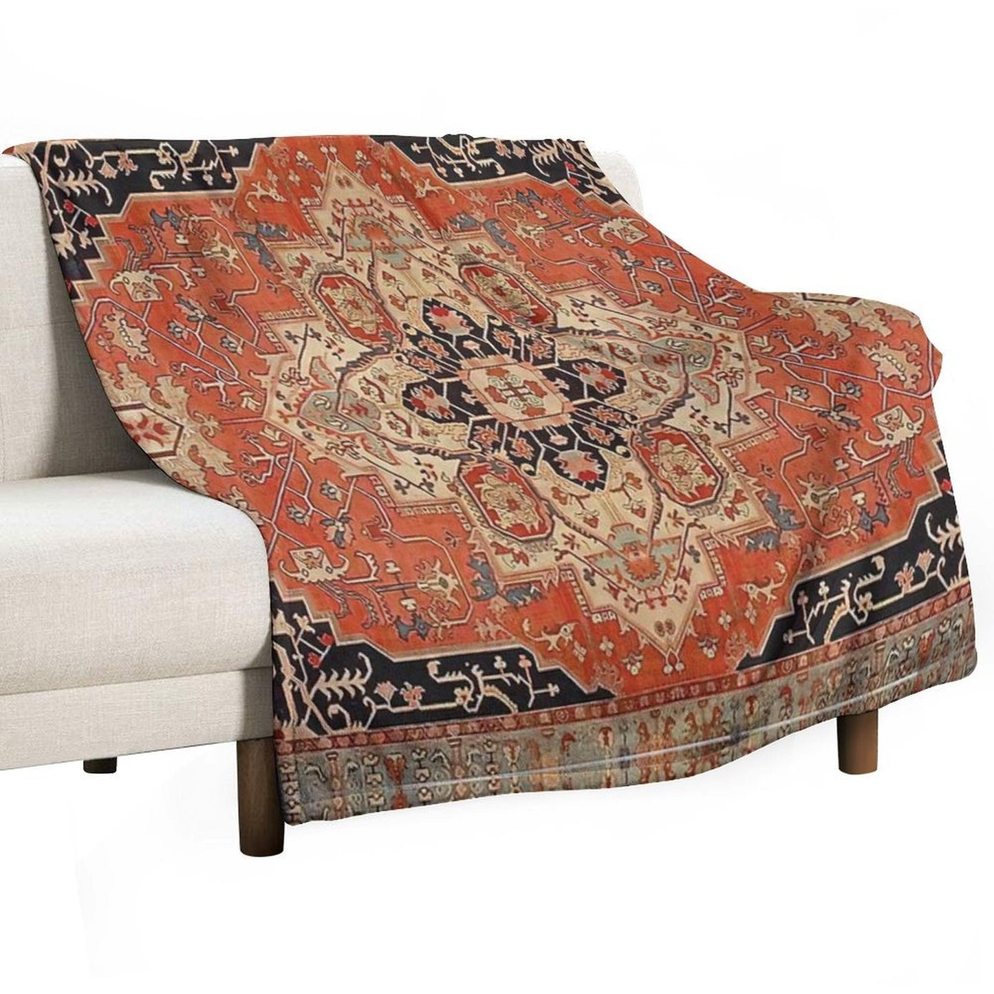 Vintage Heriz Medallion Rug Pattern Boho Persian Geometric Tapestry Easy Care Throw Blanket