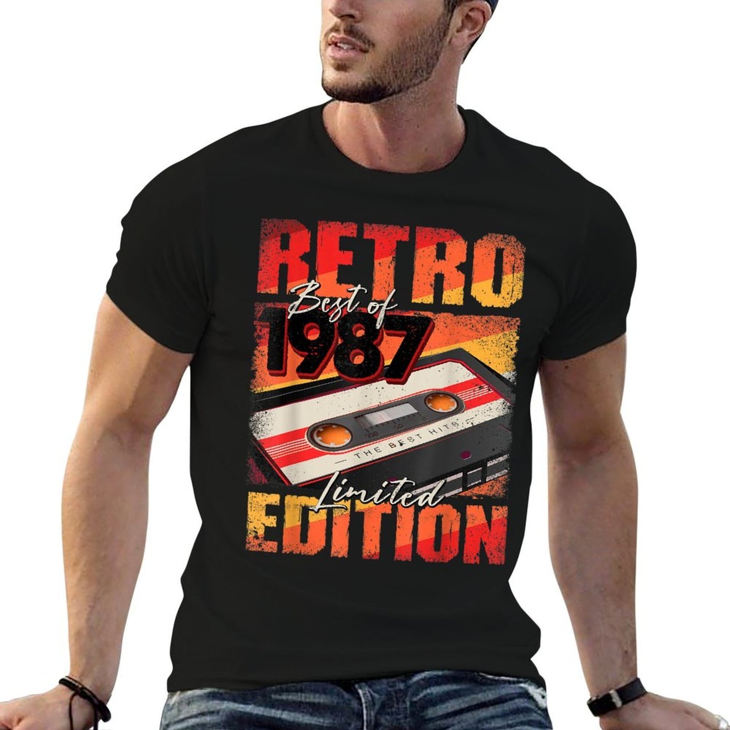 Vintage 1987 Tshirt Best Of 1987 Cassette Tape 35th Birthday Ribbed Collar T-Shirt