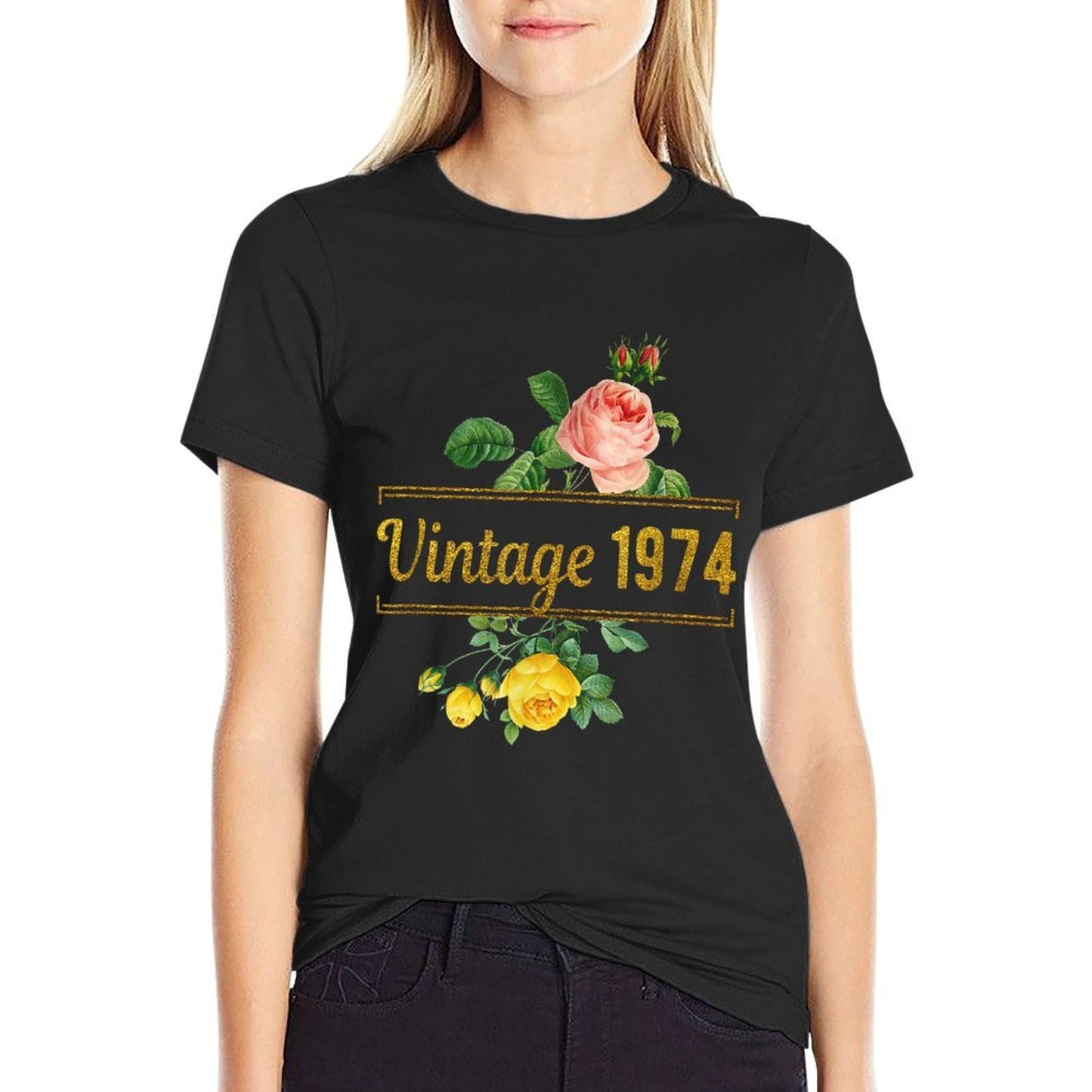 Vintage 1974 Classic Retro Rose Flower Floral 50th Birthday Relaxed-fit T-Shirt