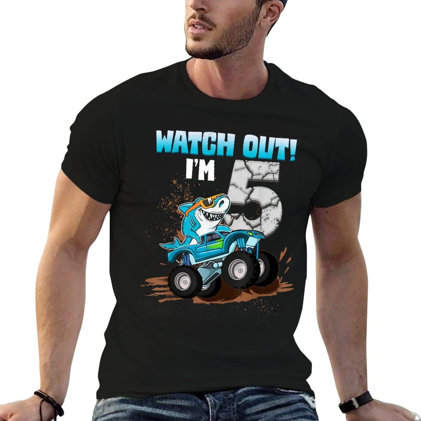 5 Years Old 5th Birthday Shark Boy Girl Monster Truck Gamer Summer-ready Fabric T-Shirt