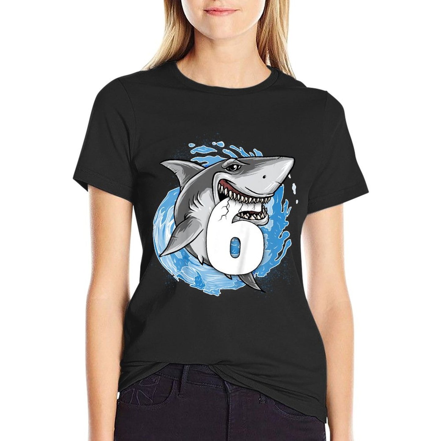 6th Birthday Boy Shark Kids 6 Year Old Shark Theme Party Oversized Silhouette T-Shirt