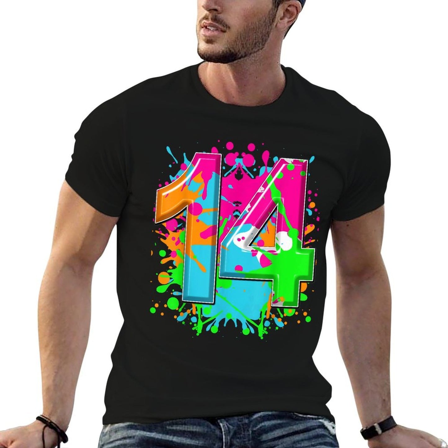 14th Birthday For Girls, Boys. 14 Year Paint Splashes High-quality Stitching T-Shirt