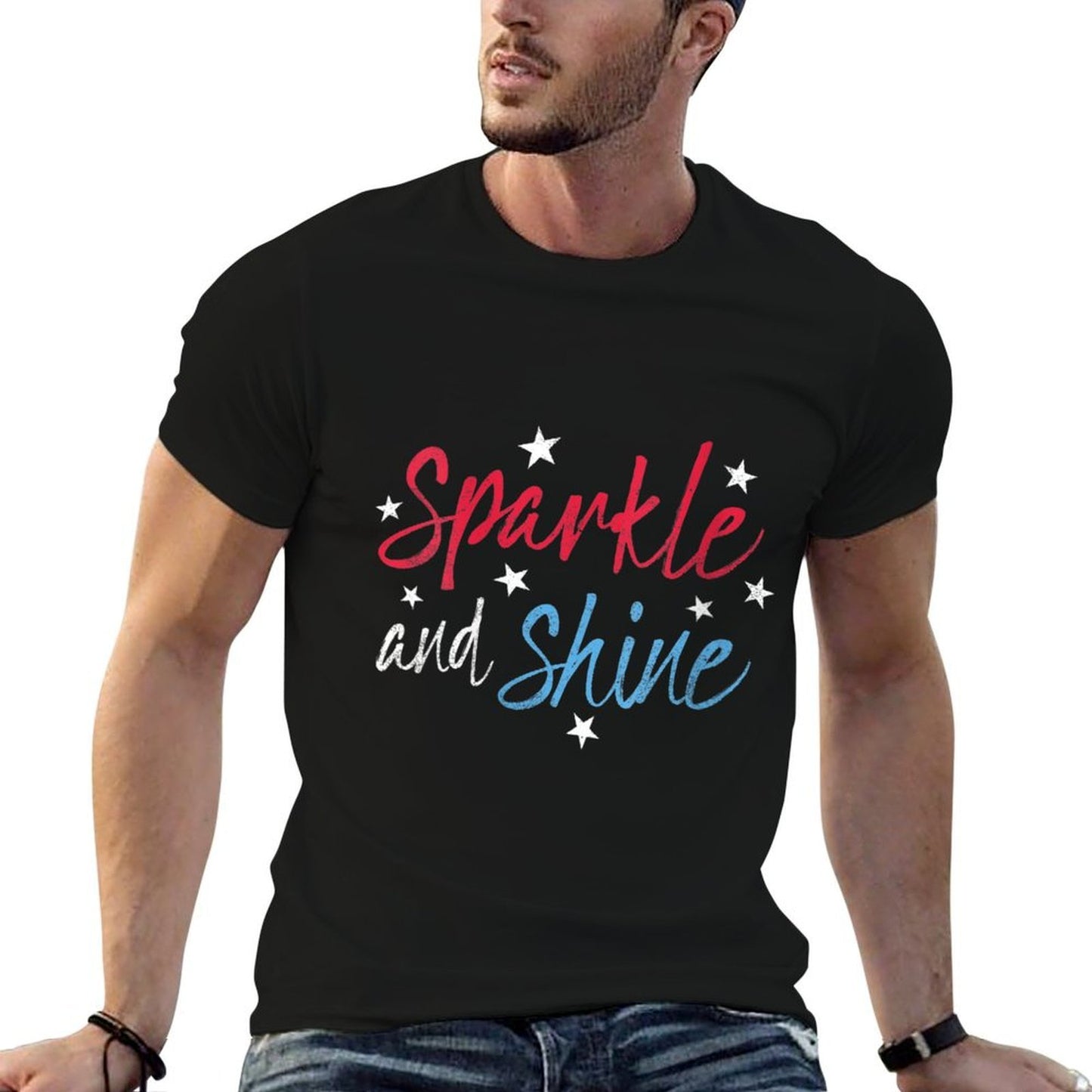 Womens Sparkle And Shine Red White Blue Cute 4th of July Top Eco-friendly Material T-Shirt