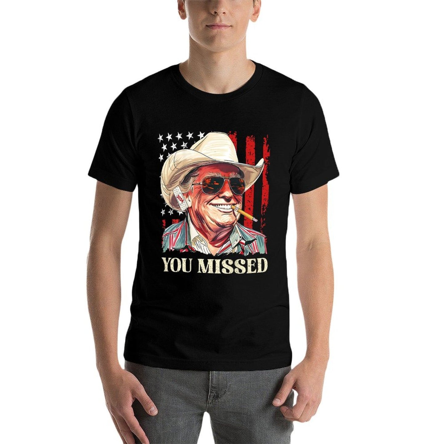 Western Trump Cowboy You Missed Trump 2024 (On Back) Fade-proof Color T-Shirt