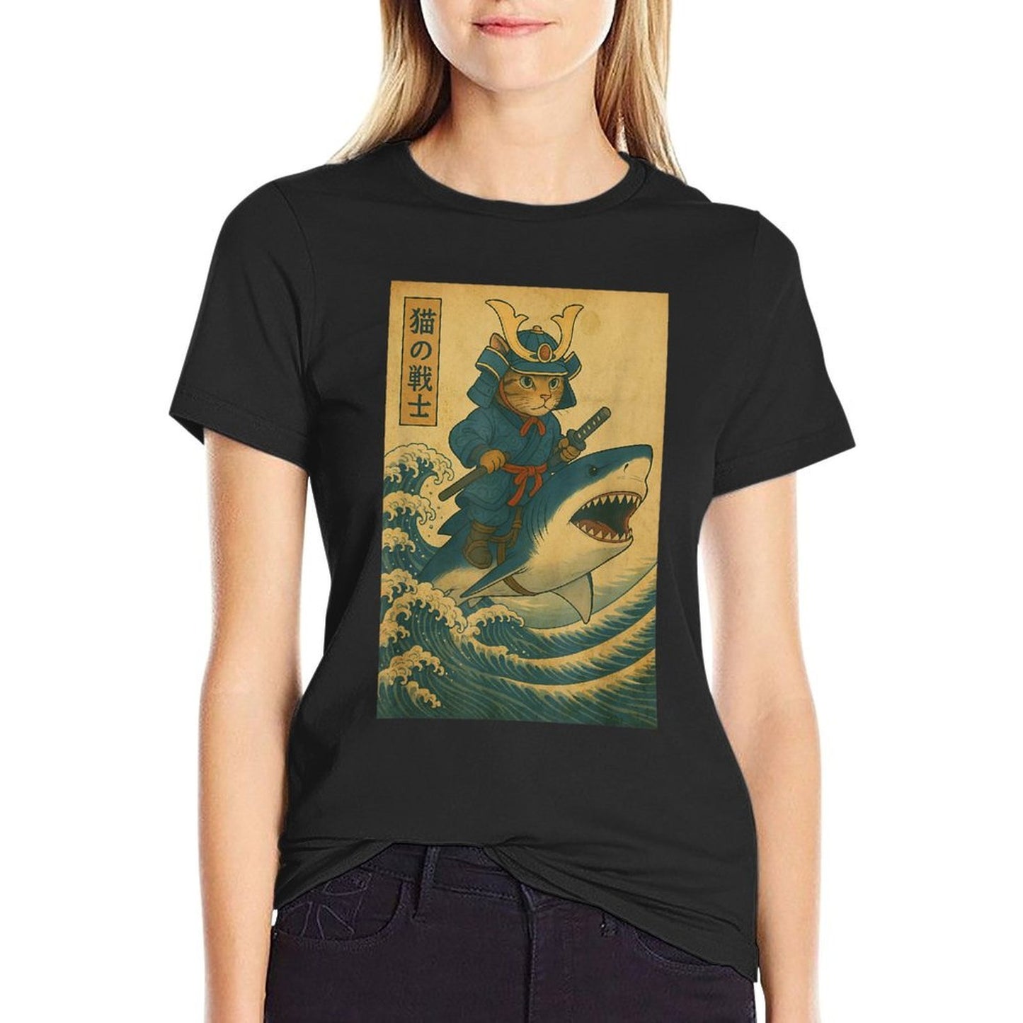 Vintage Anime Cat Japanese Funny Samurai Cat Riding Shark Durable T-Shirt