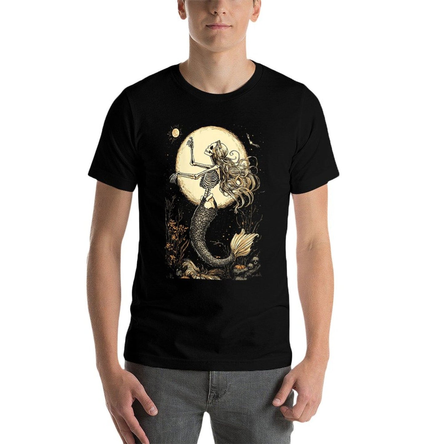 Womens Moonlit Mermaid Skeleton Mystical Halloween Fantasy Gothic Slim-fit Cut T-Shirt