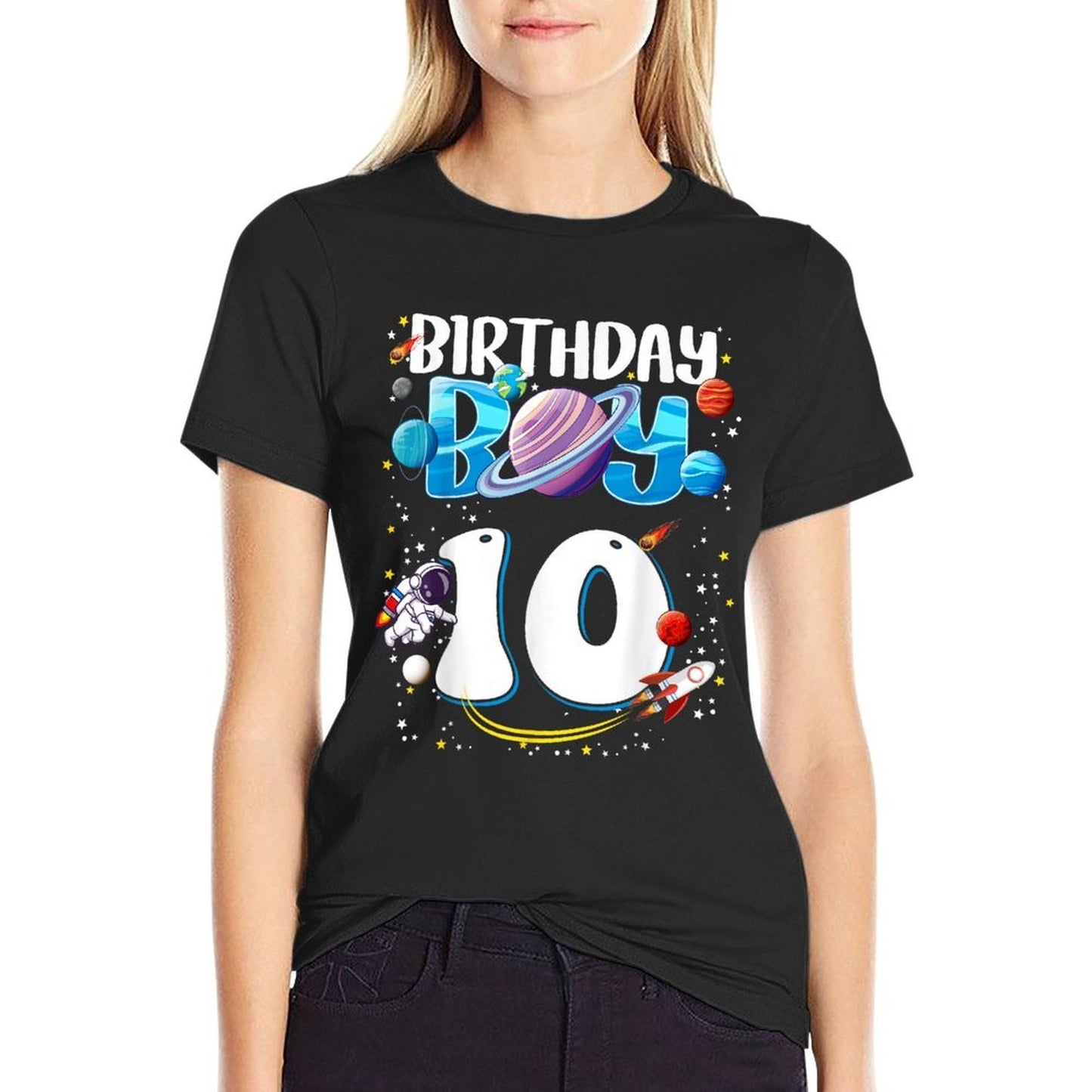 10th Birthday Boy Astronaut Space Planets Ten Years Old Ribbed Collar T-Shirt
