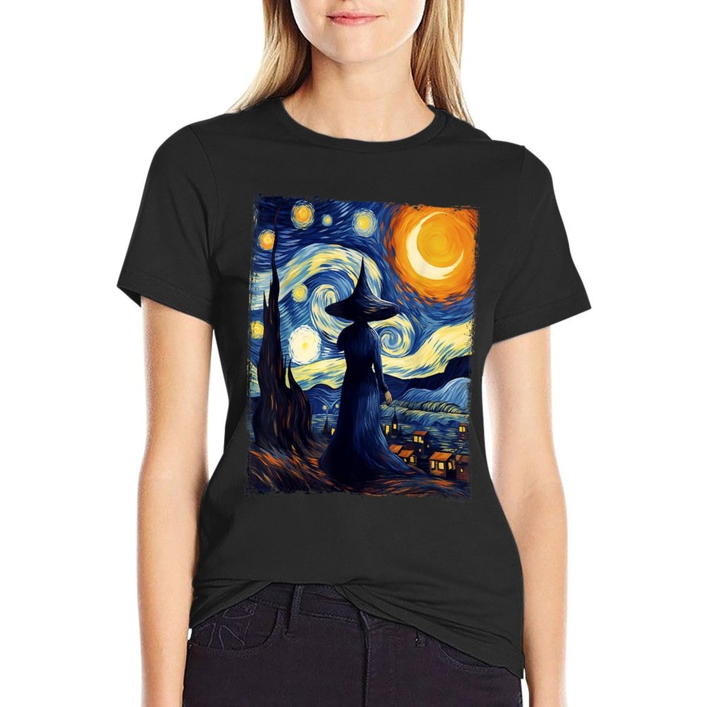 Witch Halloween Starry Night Van Gogh Aesthetic Painting Breathable T-Shirt
