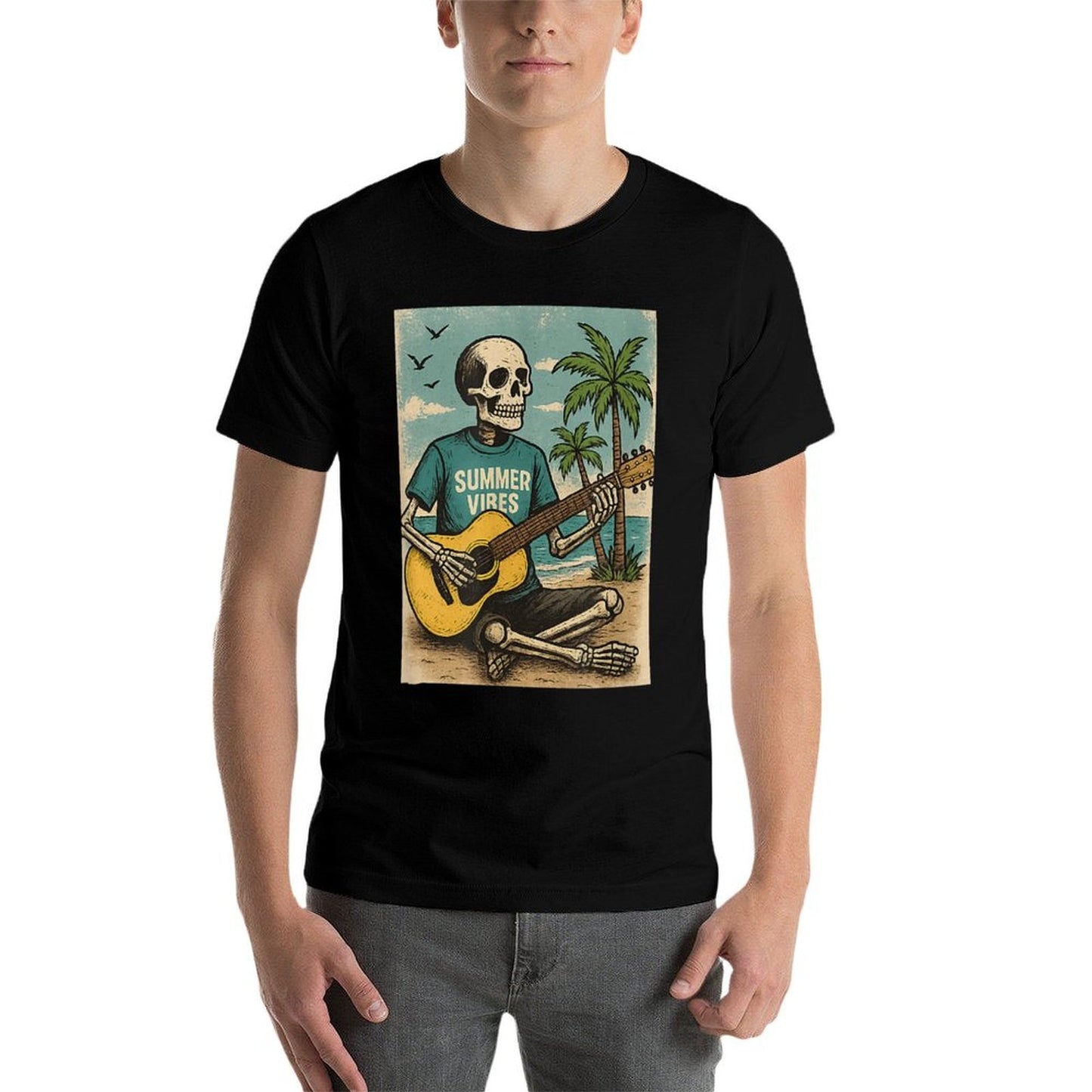 Vintage Skeleton Summer Vibes Funny Beach Guitar High-quality Stitching T-Shirt