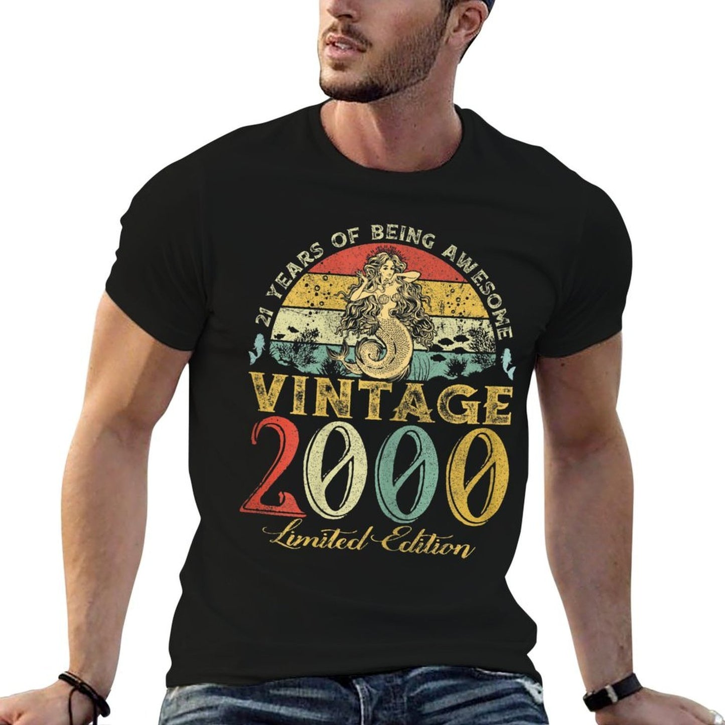 Womens Vintage 2000 Sunset Mermaid 21 Years Old 21st Birthday Gift Wrinkle-resistant T-Shirt