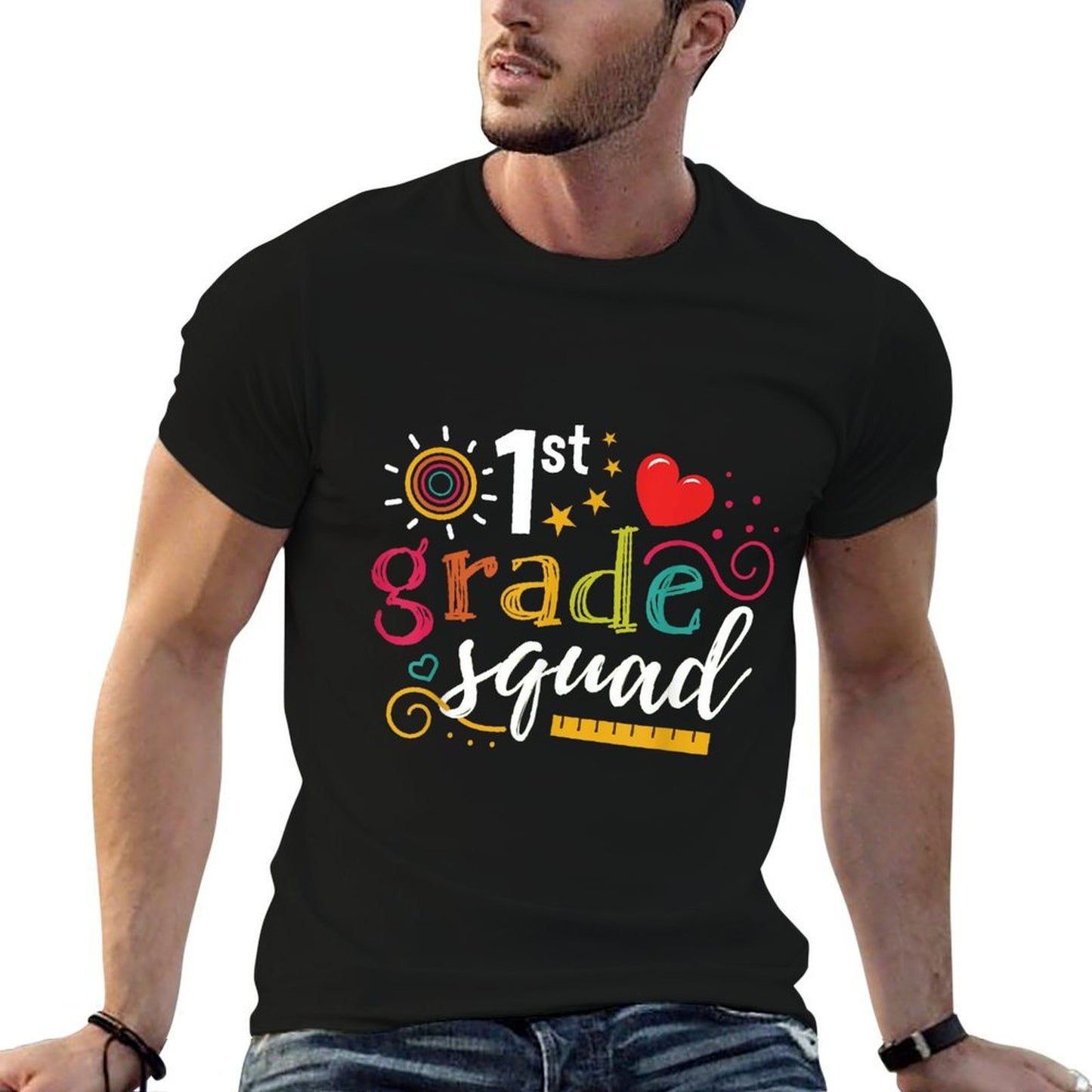 1st First Grade Squad Student Teacher Gift Back To School for Men Women Girls Kids Ribbed Collar T-Shirt